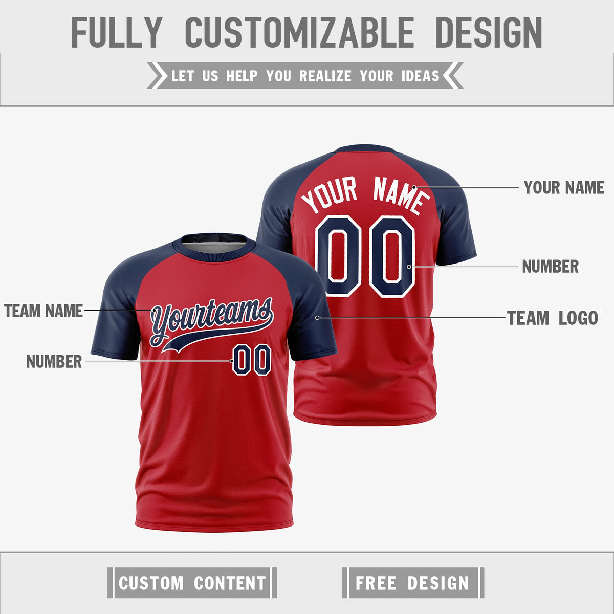 Custom Red Navy White Reversible Raglan Sleeves Quick Dry T-shirt| KXKSHOP