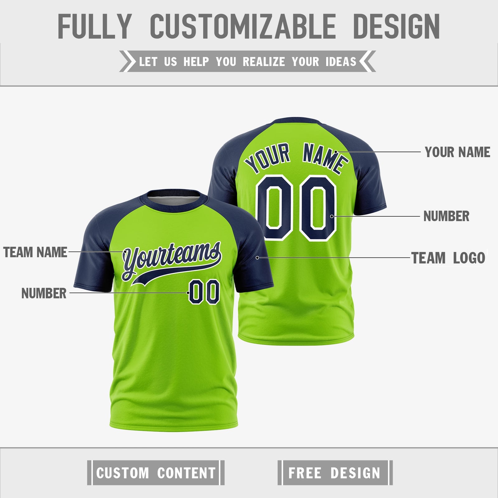 Custom Neon Green Navy White Reversible Raglan Sleeves Moisture-Wicking T-shirt| KXKSHOP