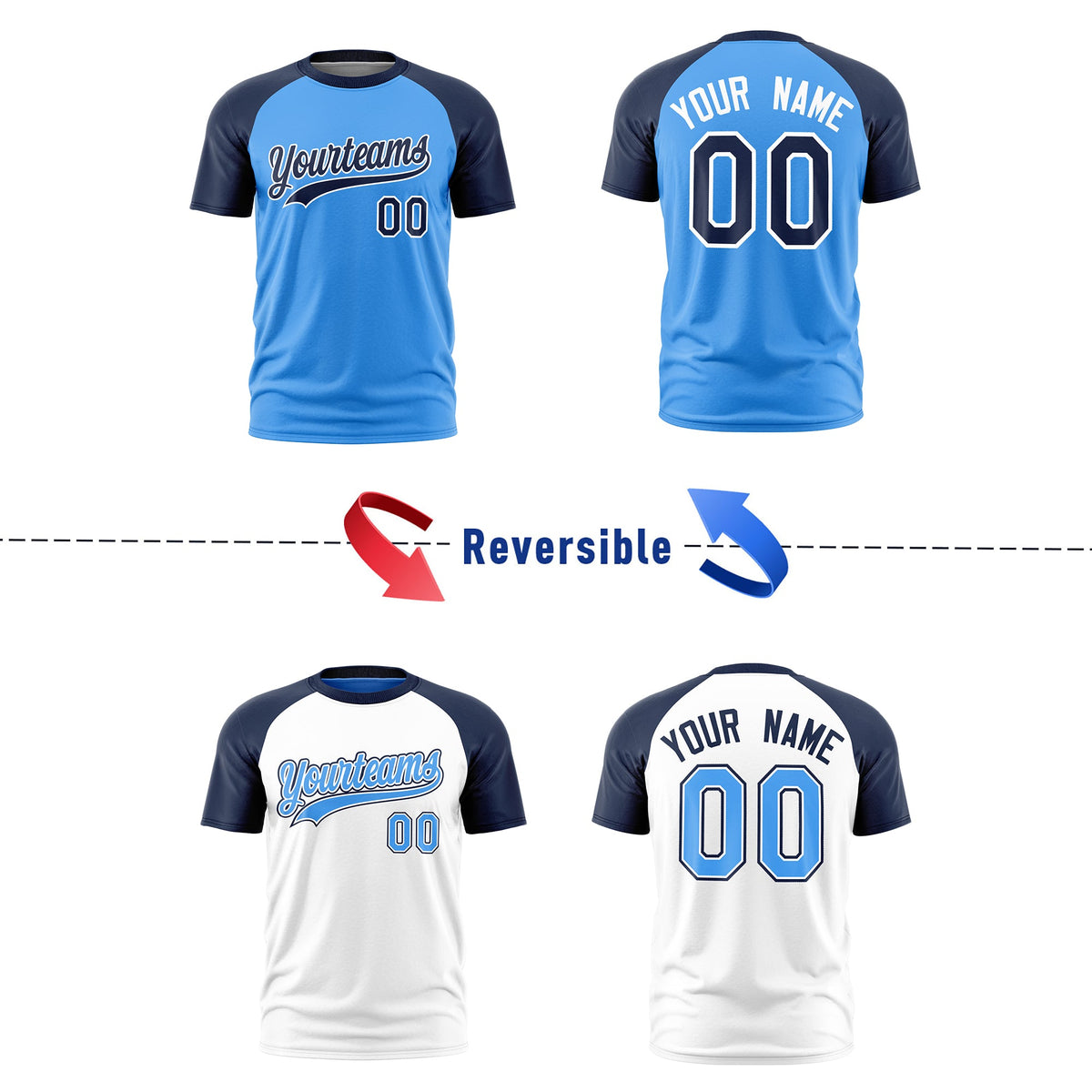 Custom Powder Blue Navy White Reversible Raglan Sleeves Quick Dry T-shirt| KXKSHOP