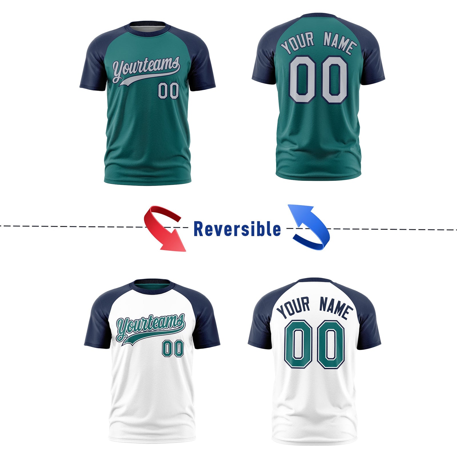 Custom Teal Navy Silver Reversible Raglan Sleeves Moisture-Wicking T-shirt| KXKSHOP