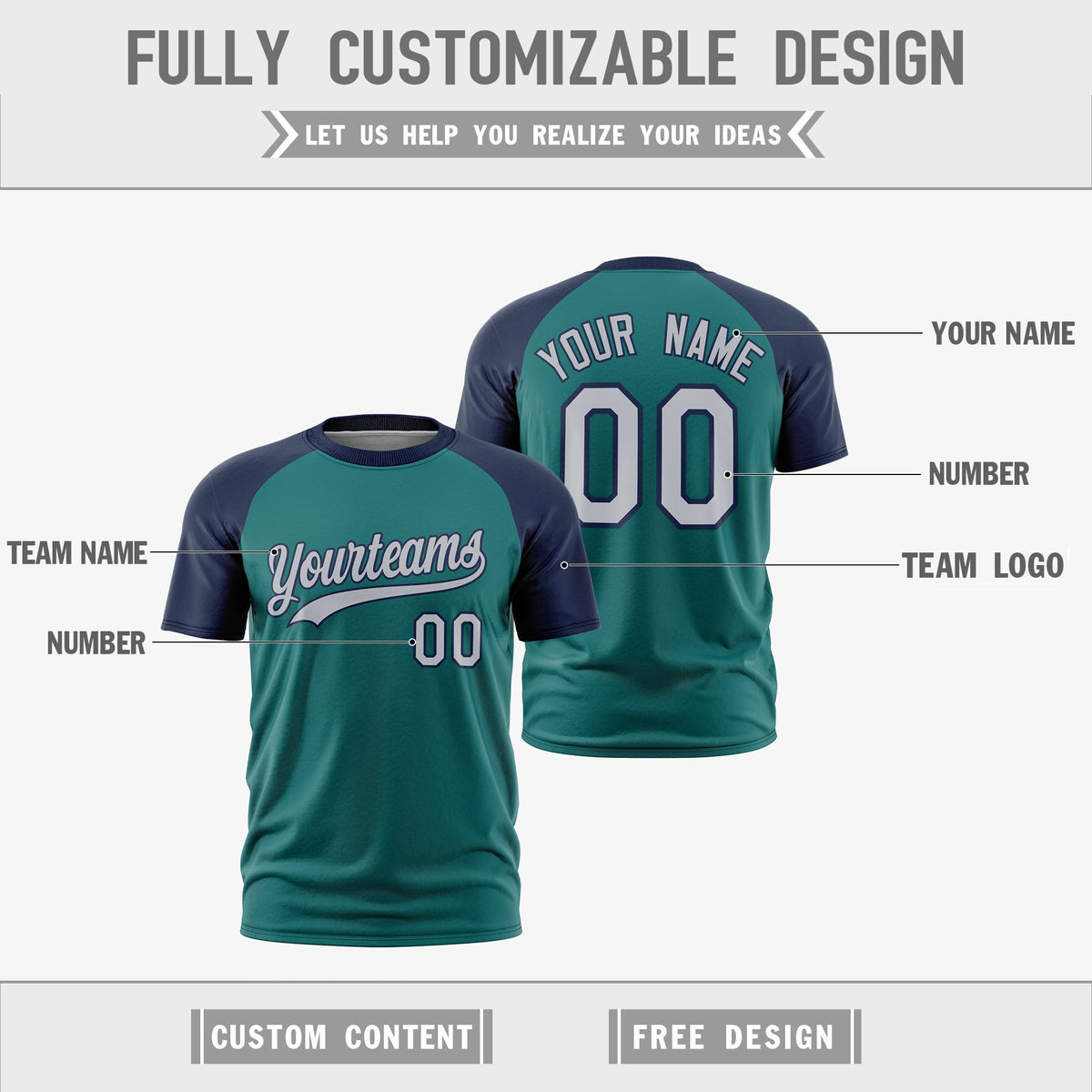 Custom Teal Navy Silver Reversible Raglan Sleeves Moisture-Wicking T-shirt| KXKSHOP