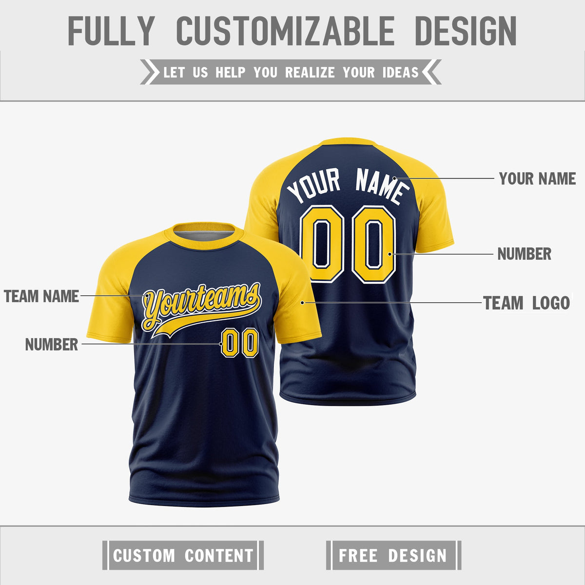 Custom Navy Gold White Reversible Raglan Sleeves Quick Dry T-shirt| KXKSHOP