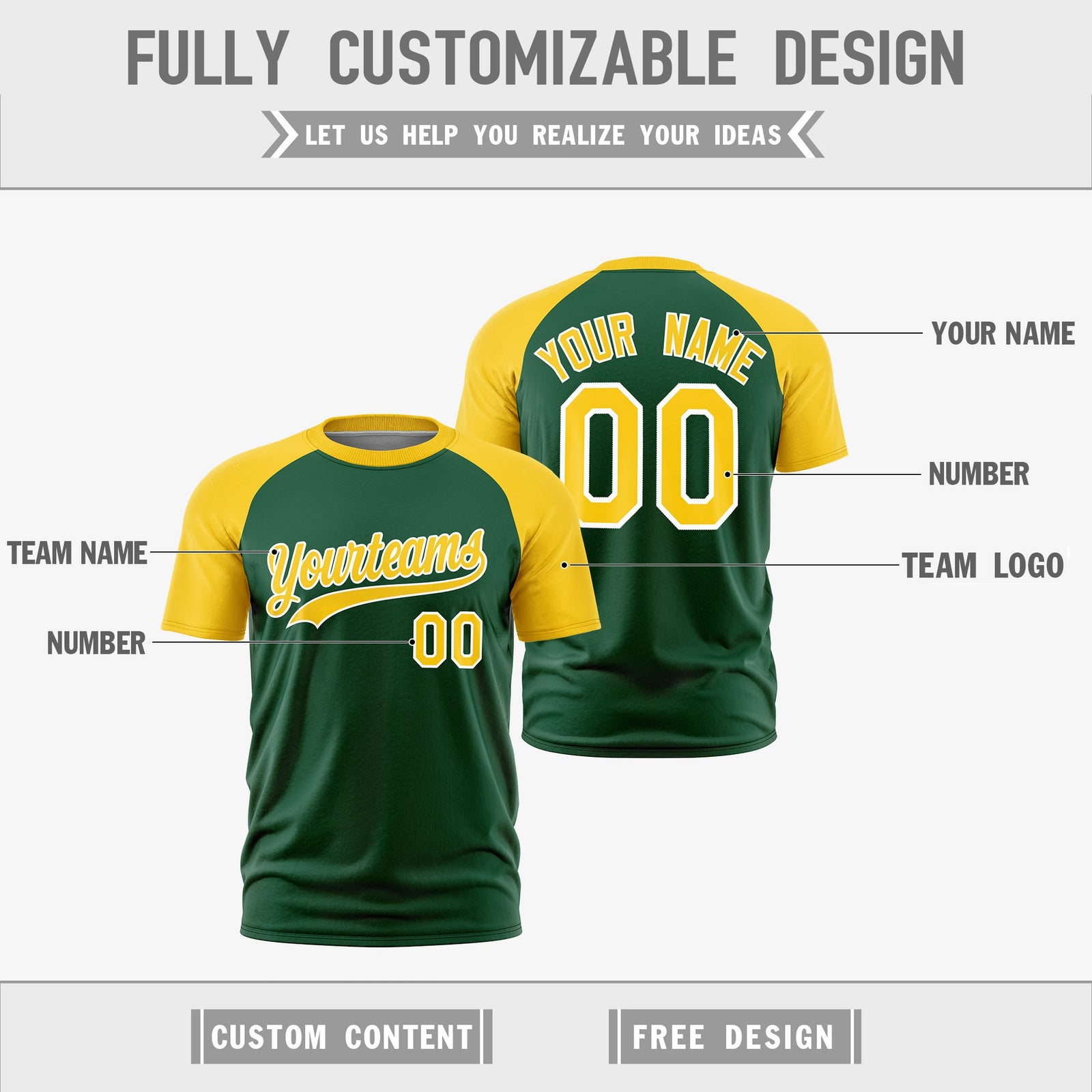 Custom Dark Green White Gold Reversible Raglan Sleeves Moisture-Wicking T-shirt| KXKSHOP