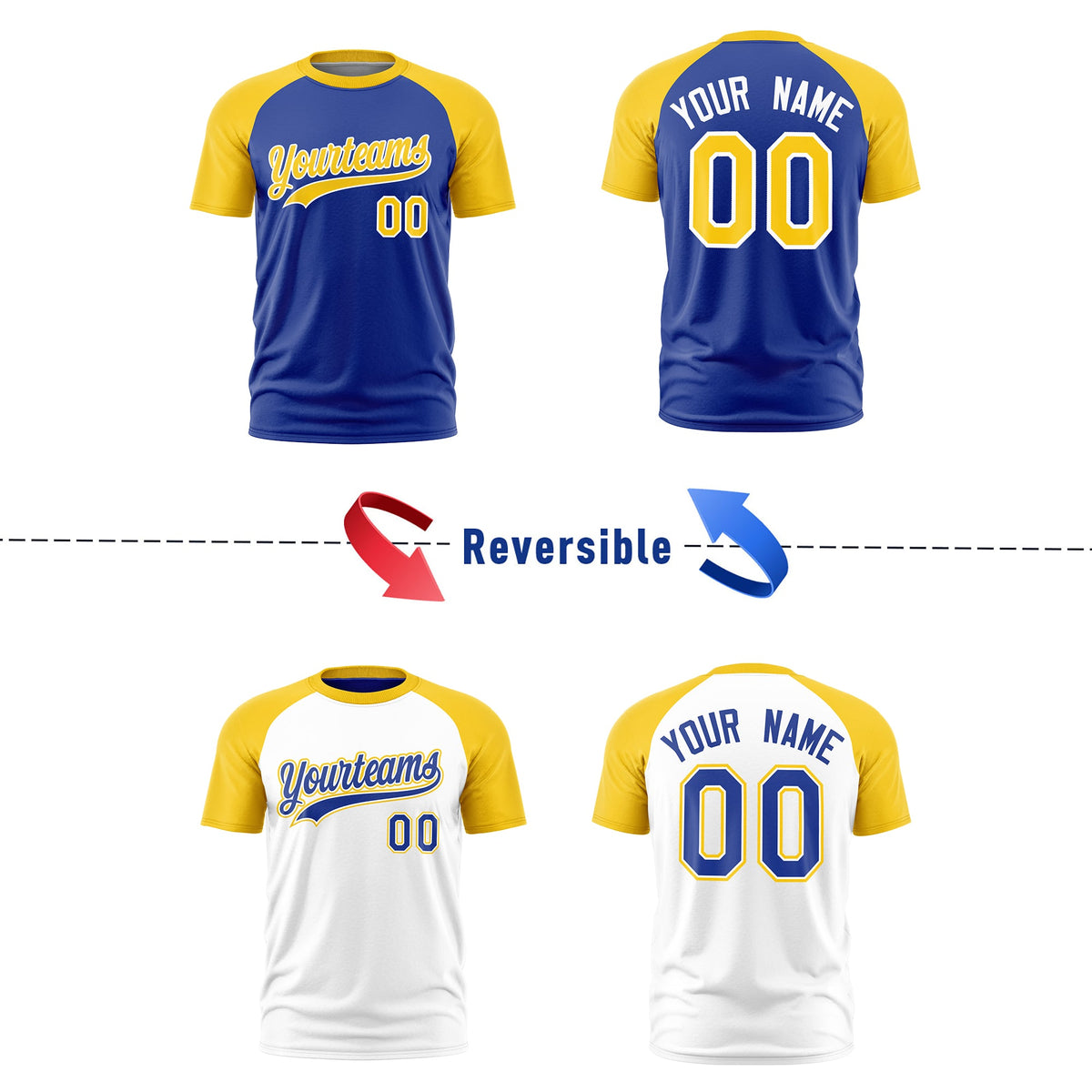 Custom Royal Blue Gold White Reversible Raglan Sleeves Quick Dry T-shirt| KXKSHOP