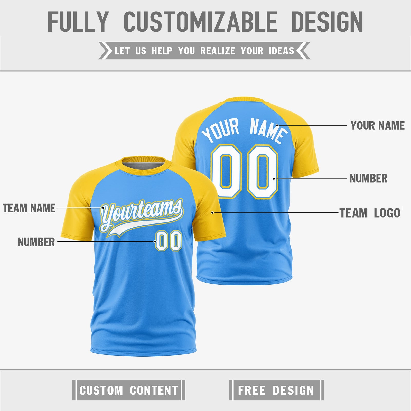 Custom Powder Blue Gold White Reversible Raglan Sleeves Moisture-Wicking T-shirt| KXKSHOP