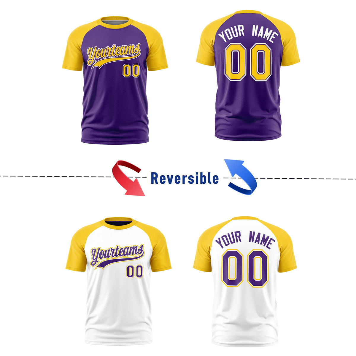 Custom Purple Gold White Reversible Raglan Sleeves Quick Dry T-shirt| KXKSHOP