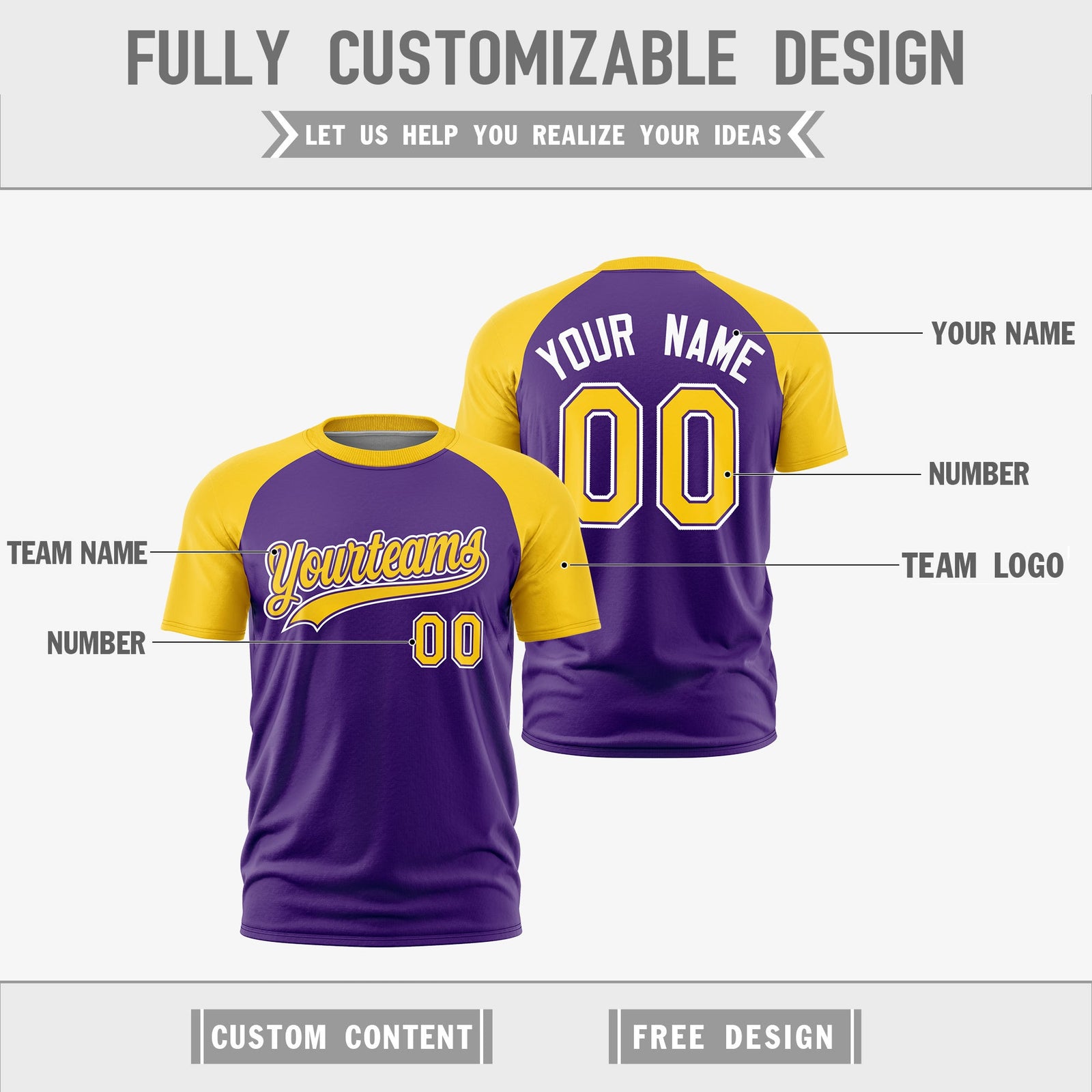 Custom Purple Gold White Reversible Raglan Sleeves Quick Dry T-shirt| KXKSHOP