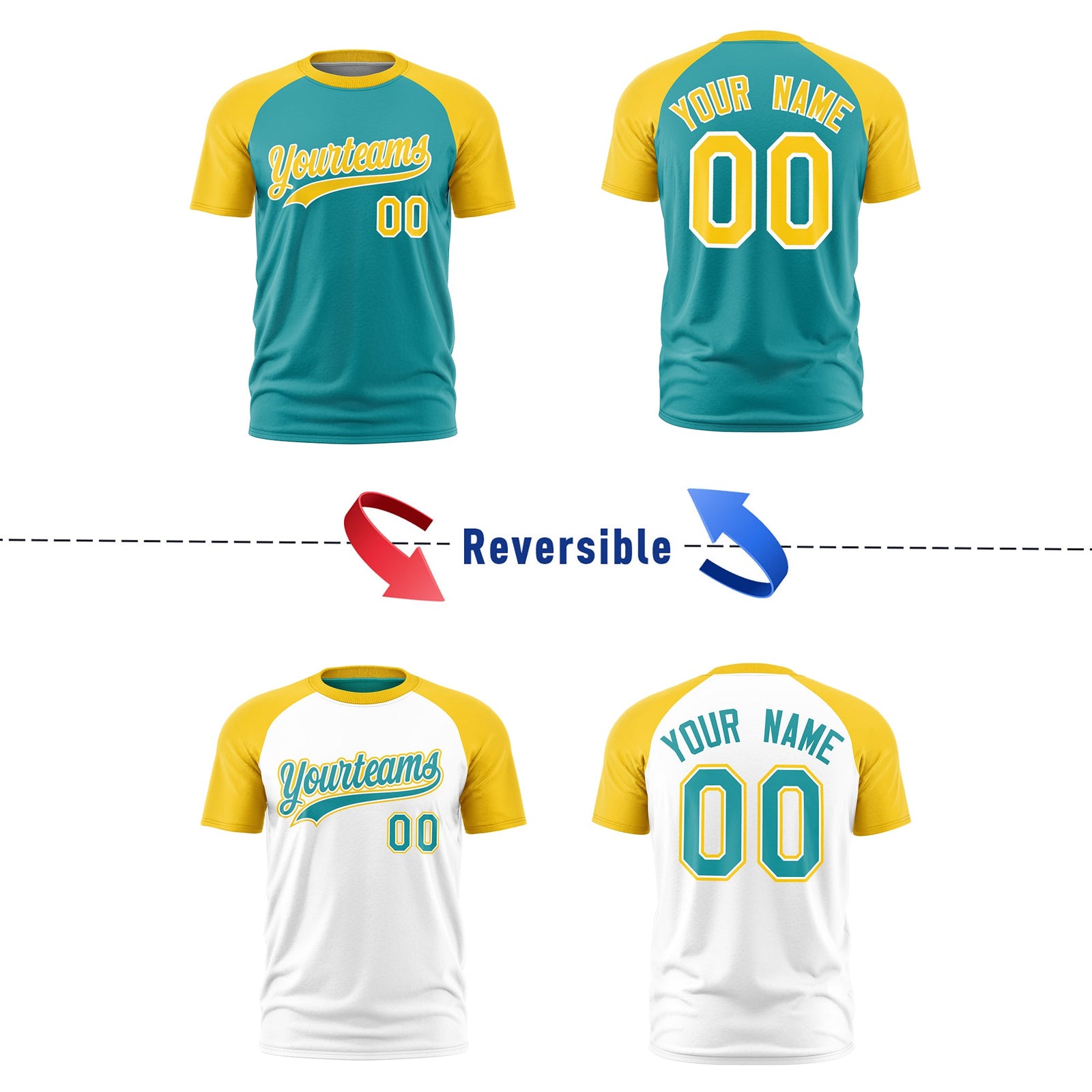 Custom Aqua Gold White Reversible Raglan Sleeves Moisture-Wicking T-shirt| KXKSHOP