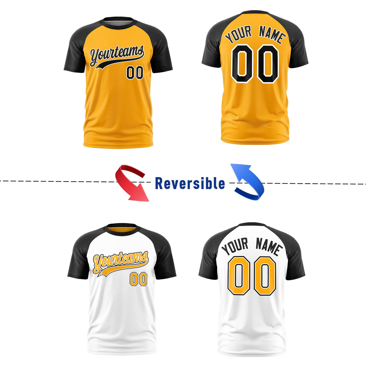 Custom Yellow Black White Reversible Raglan Sleeves Quick Dry T-shirt| KXKSHOP