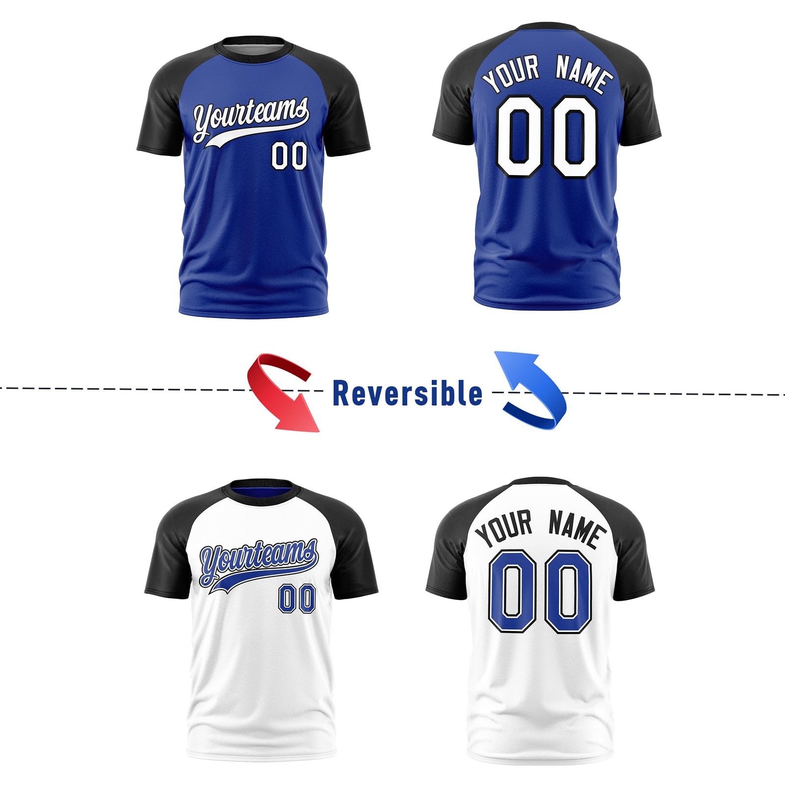 Custom Royal Blue Black White Reversible Raglan Sleeves Moisture-Wicking T-shirt| KXKSHOP