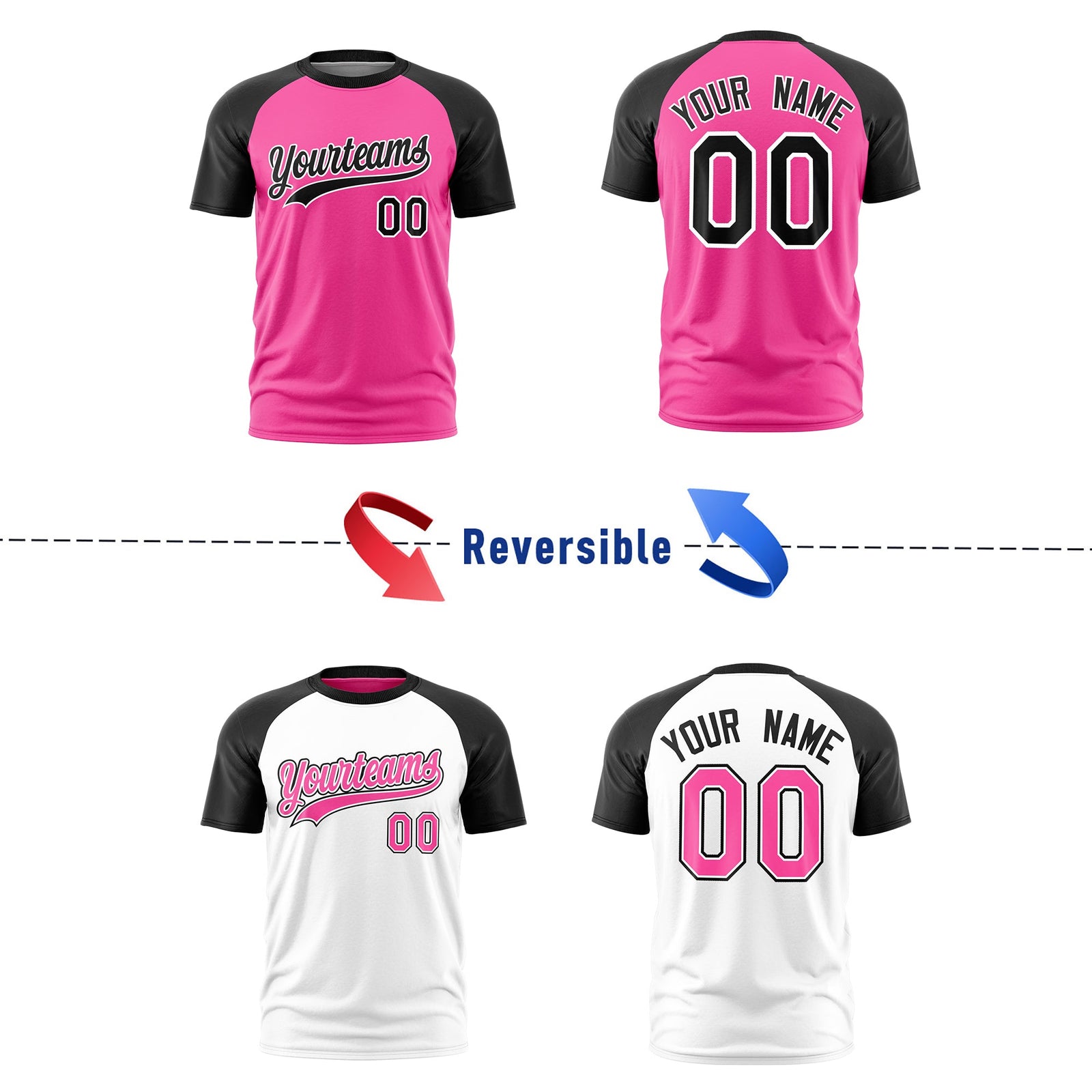 Custom Pink Black White Reversible Raglan Sleeves Moisture-Wicking T-shirt| KXKSHOP