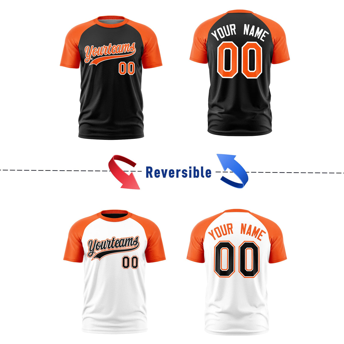 Custom Black Orange White Reversible Raglan Sleeves Quick Dry T-shirt| KXKSHOP