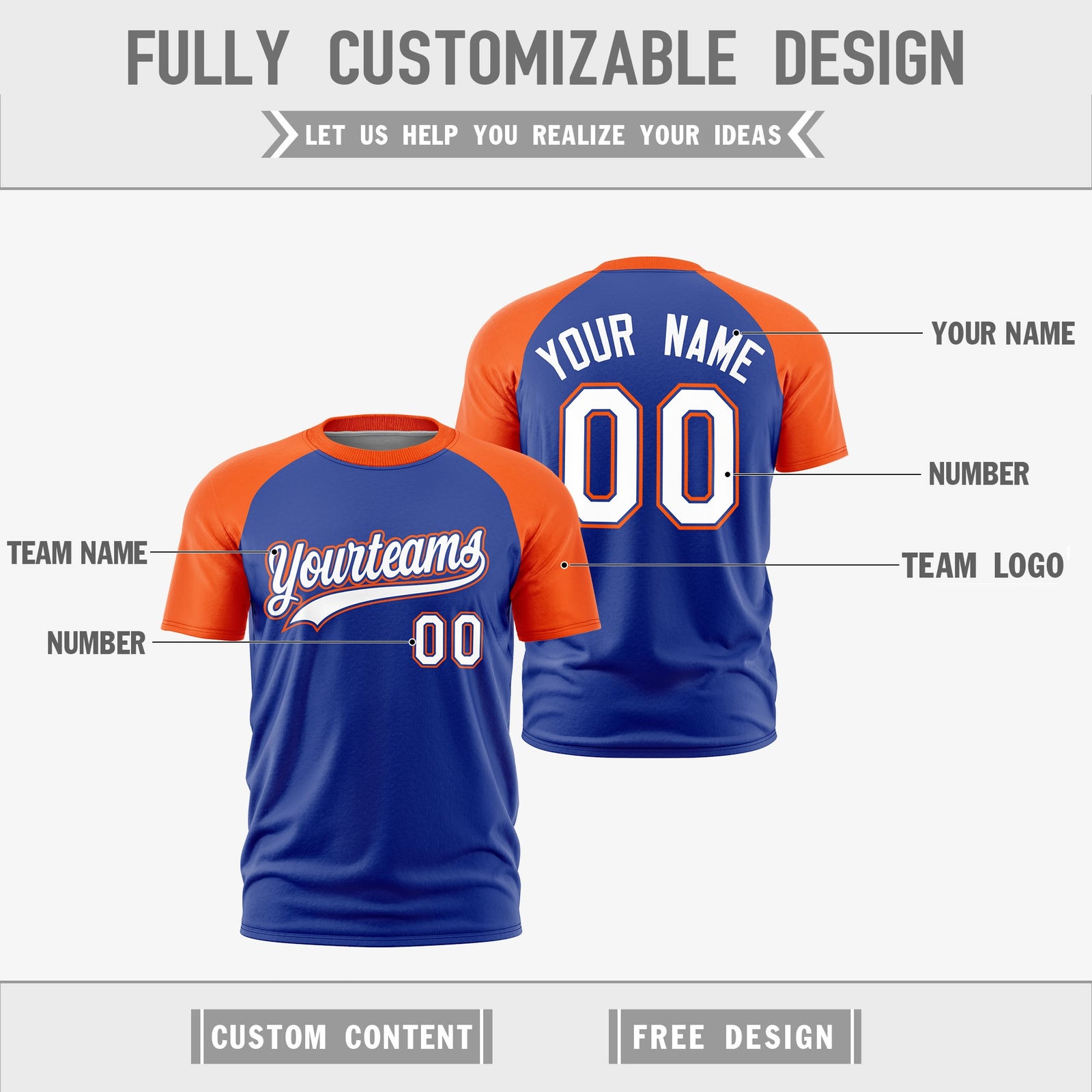 Custom Royal Blue Orange White Reversible Raglan Sleeves Moisture-Wicking T-shirt| KXKSHOP