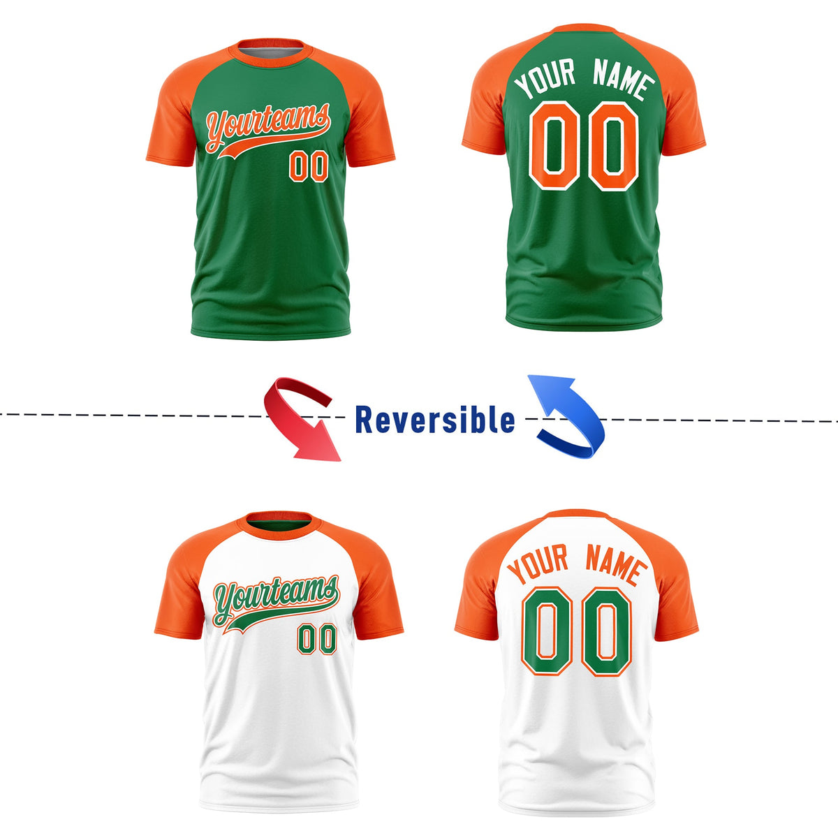 Custom Kelly Green Orange White Reversible Raglan Sleeves Quick Dry T-shirt| KXKSHOP