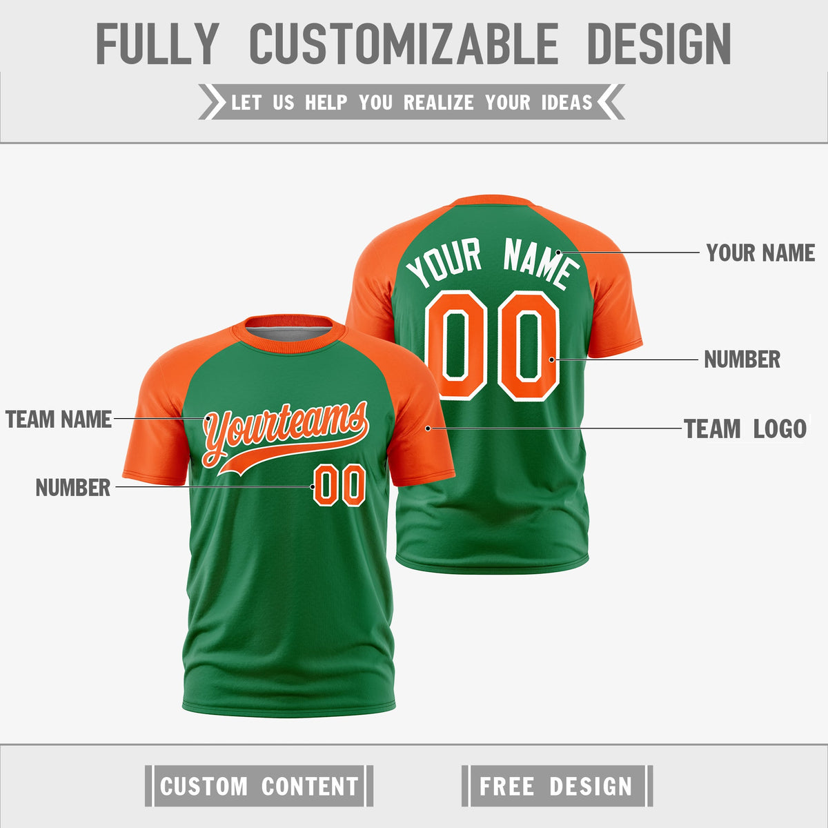 Custom Kelly Green Orange White Reversible Raglan Sleeves Quick Dry T-shirt| KXKSHOP
