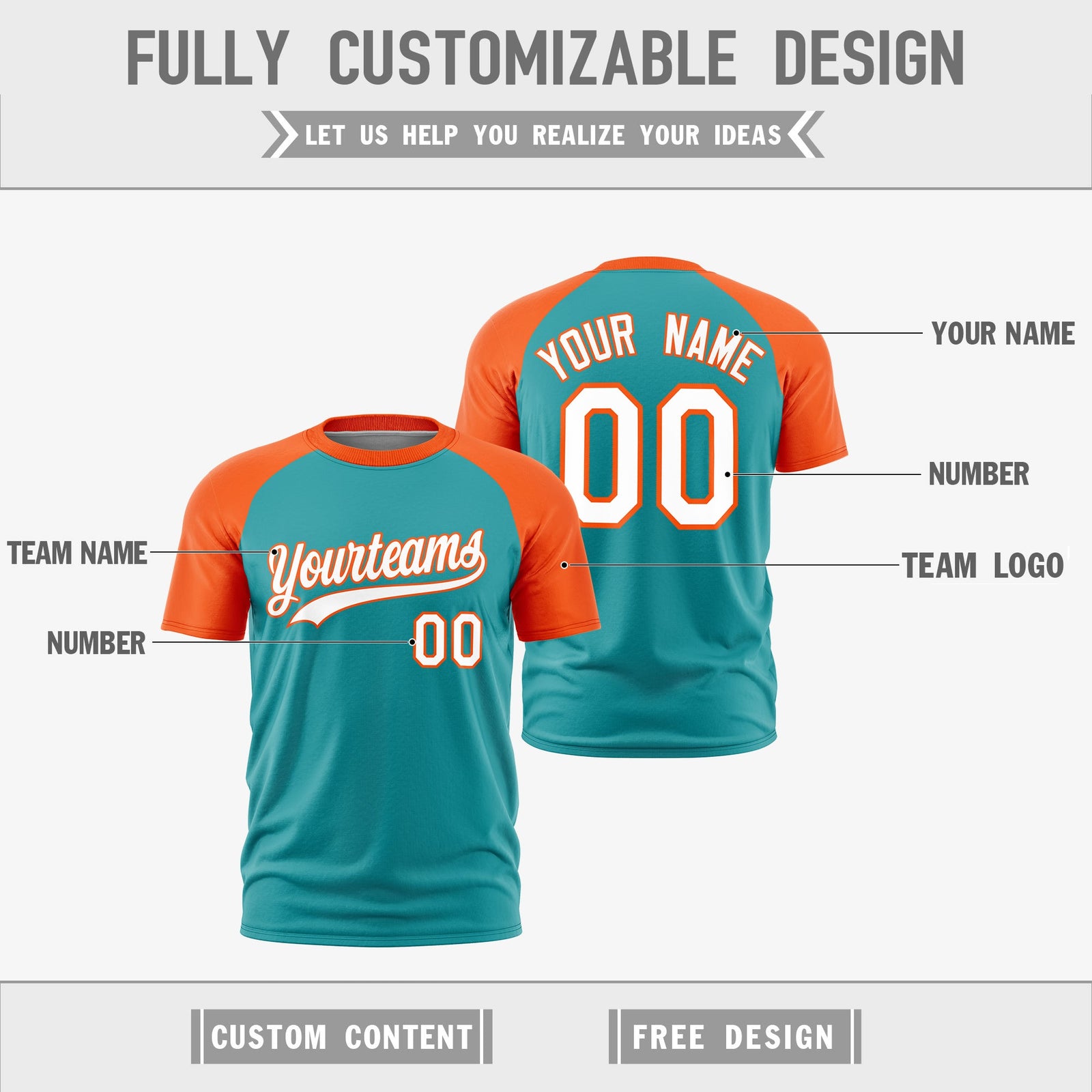 Custom Aqua Orange White Reversible Raglan Sleeves Quick Dry T-shirt| KXKSHOP