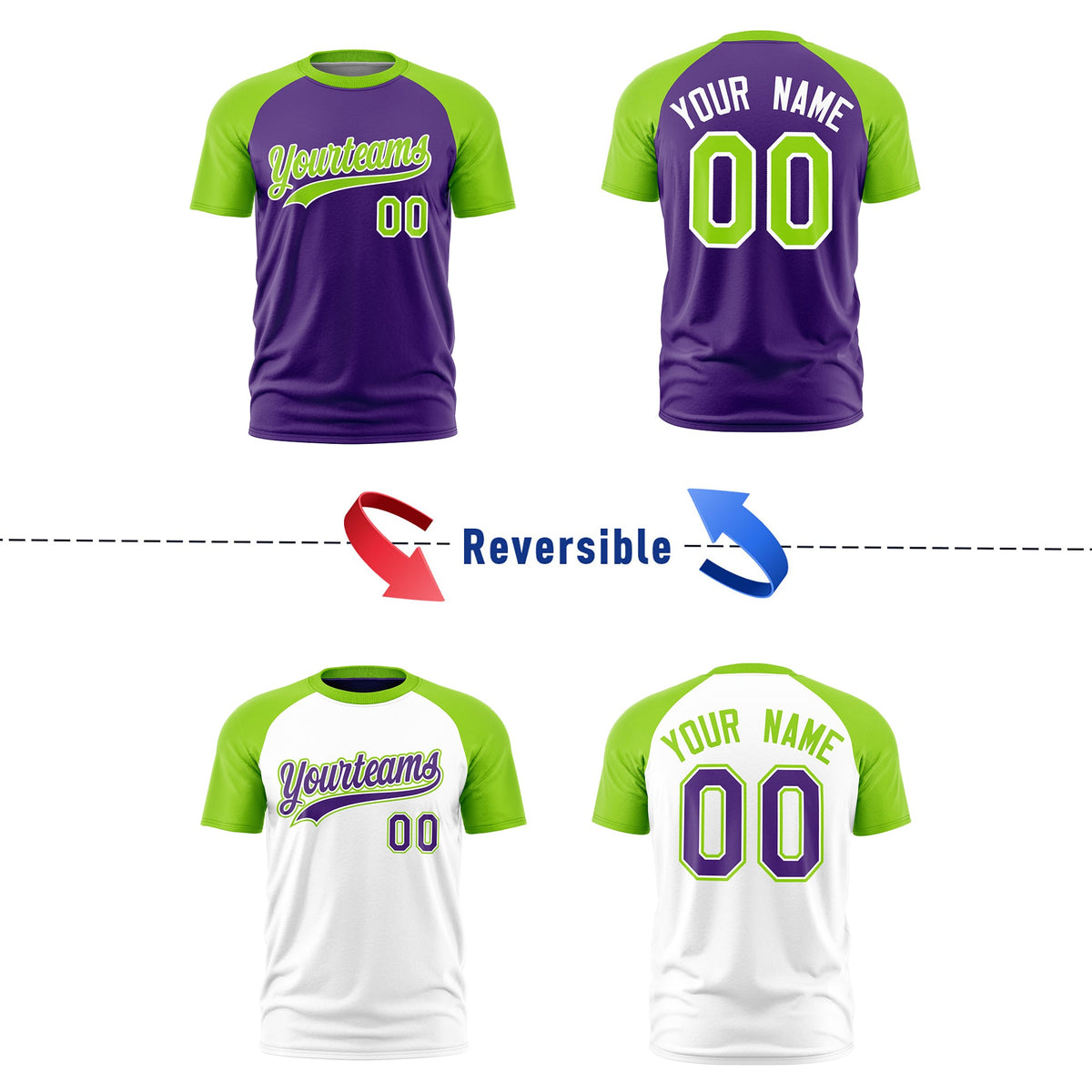Custom Purple Neon Green White Reversible Raglan Sleeves Moisture-Wicking T-shirt| KXKSHOP