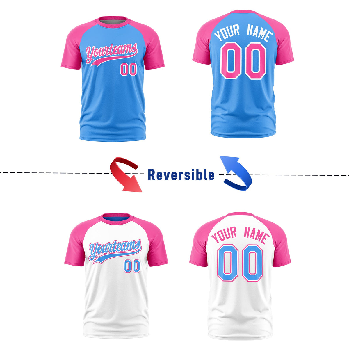 Custom Powder Blue Pink White Reversible Raglan Sleeves Quick Dry T-shirt| KXKSHOP