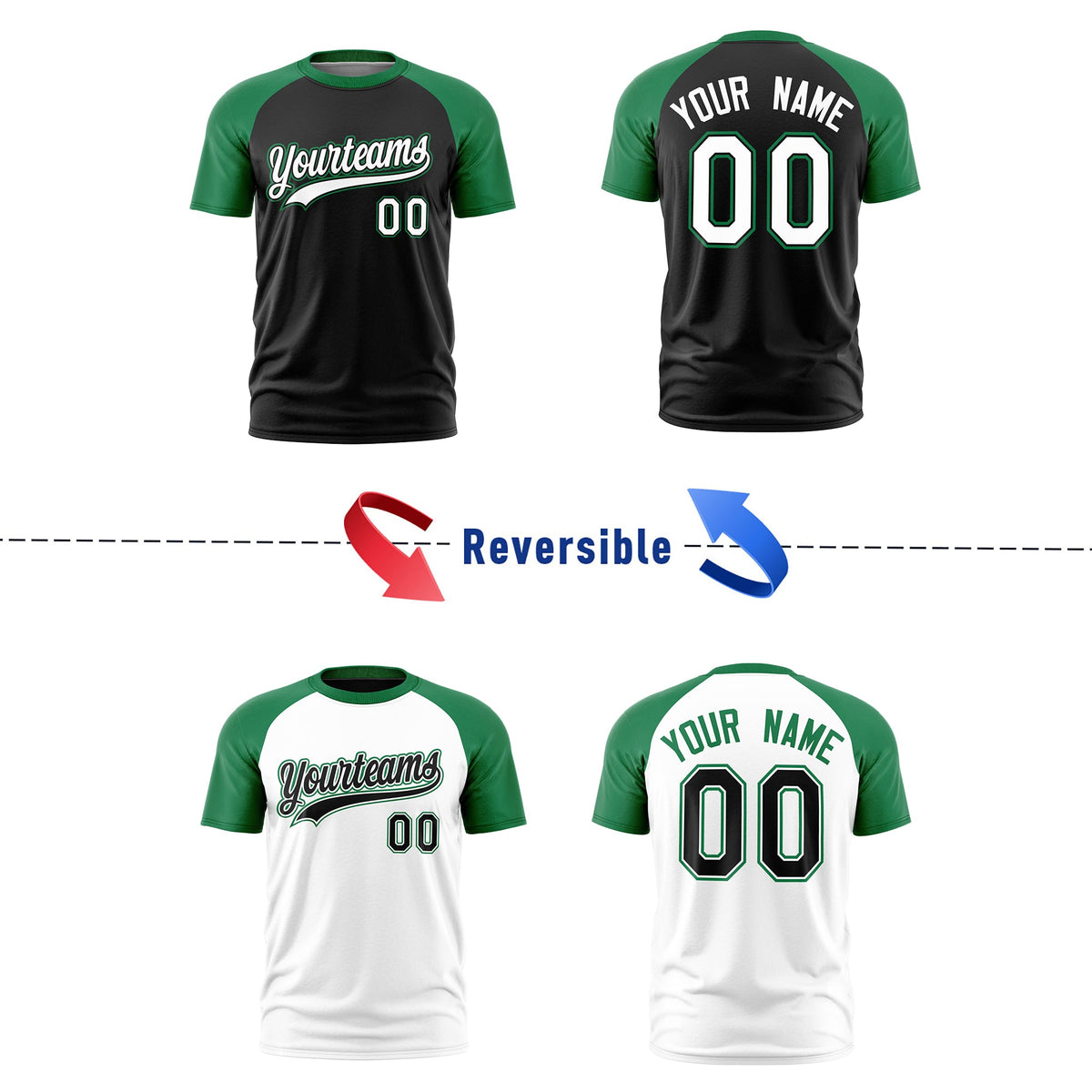Custom Black Kelly Green White Reversible Raglan Sleeves Moisture-Wicking T-shirt| KXKSHOP