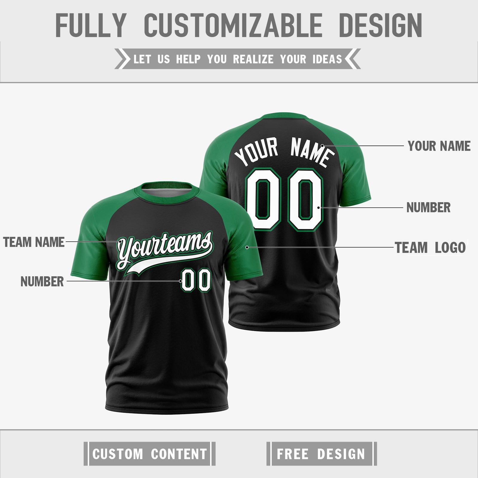 Custom Black Kelly Green White Reversible Raglan Sleeves Moisture-Wicking T-shirt| KXKSHOP