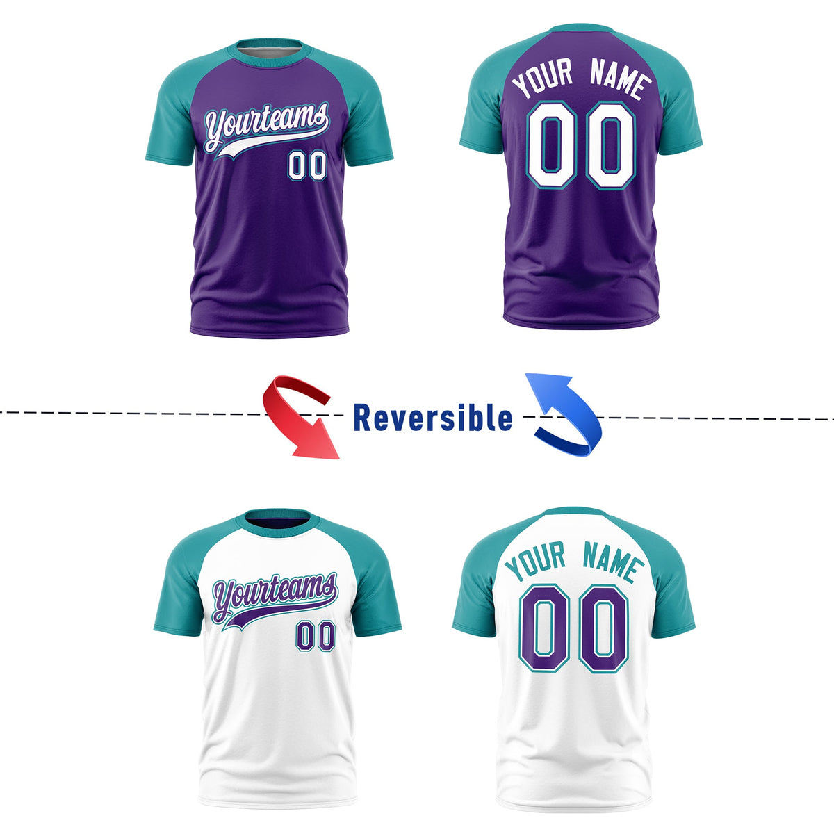 Custom Purple Teal White Reversible Raglan Sleeves Quick Dry T-shirt| KXKSHOP