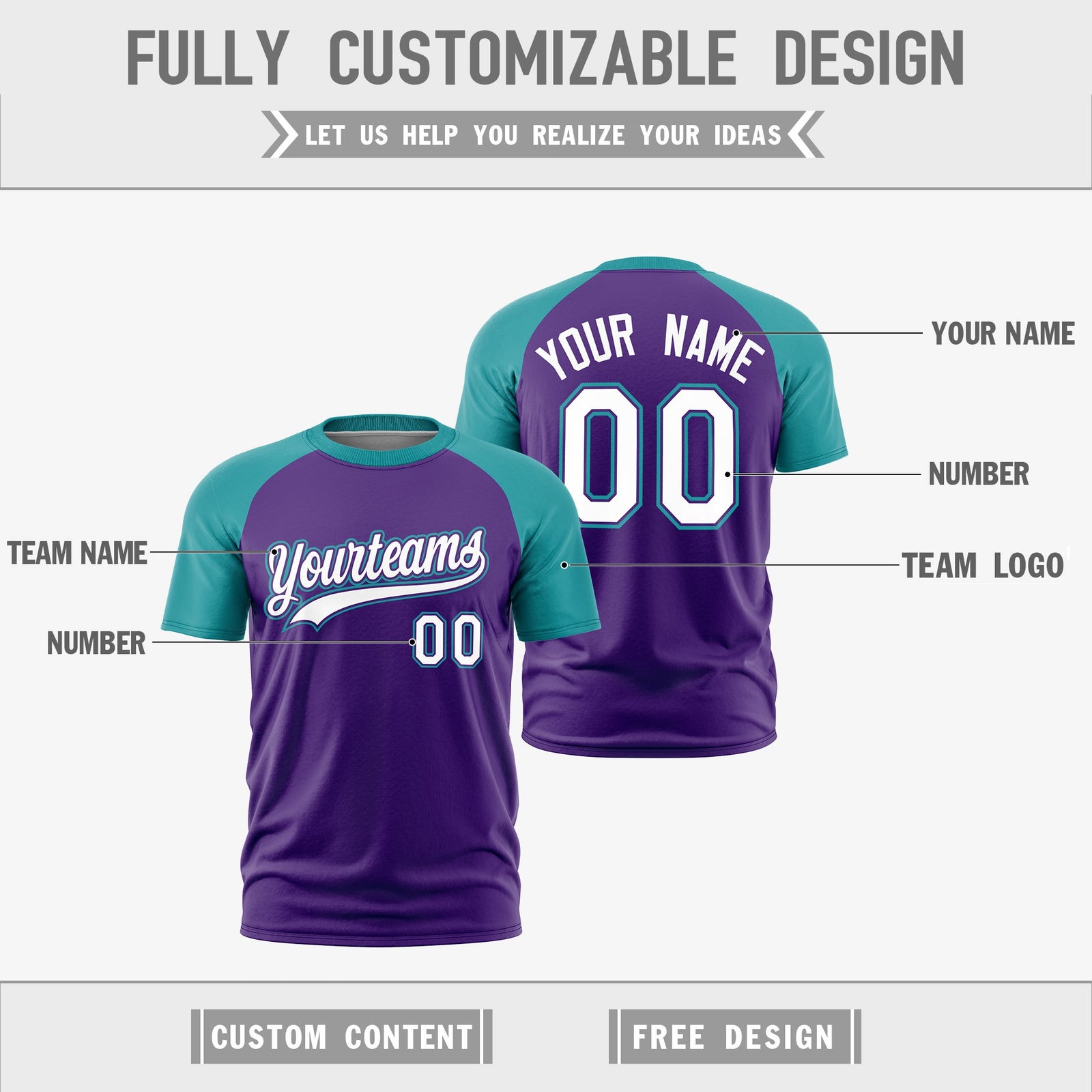 Custom Purple Teal White Reversible Raglan Sleeves Quick Dry T-shirt| KXKSHOP