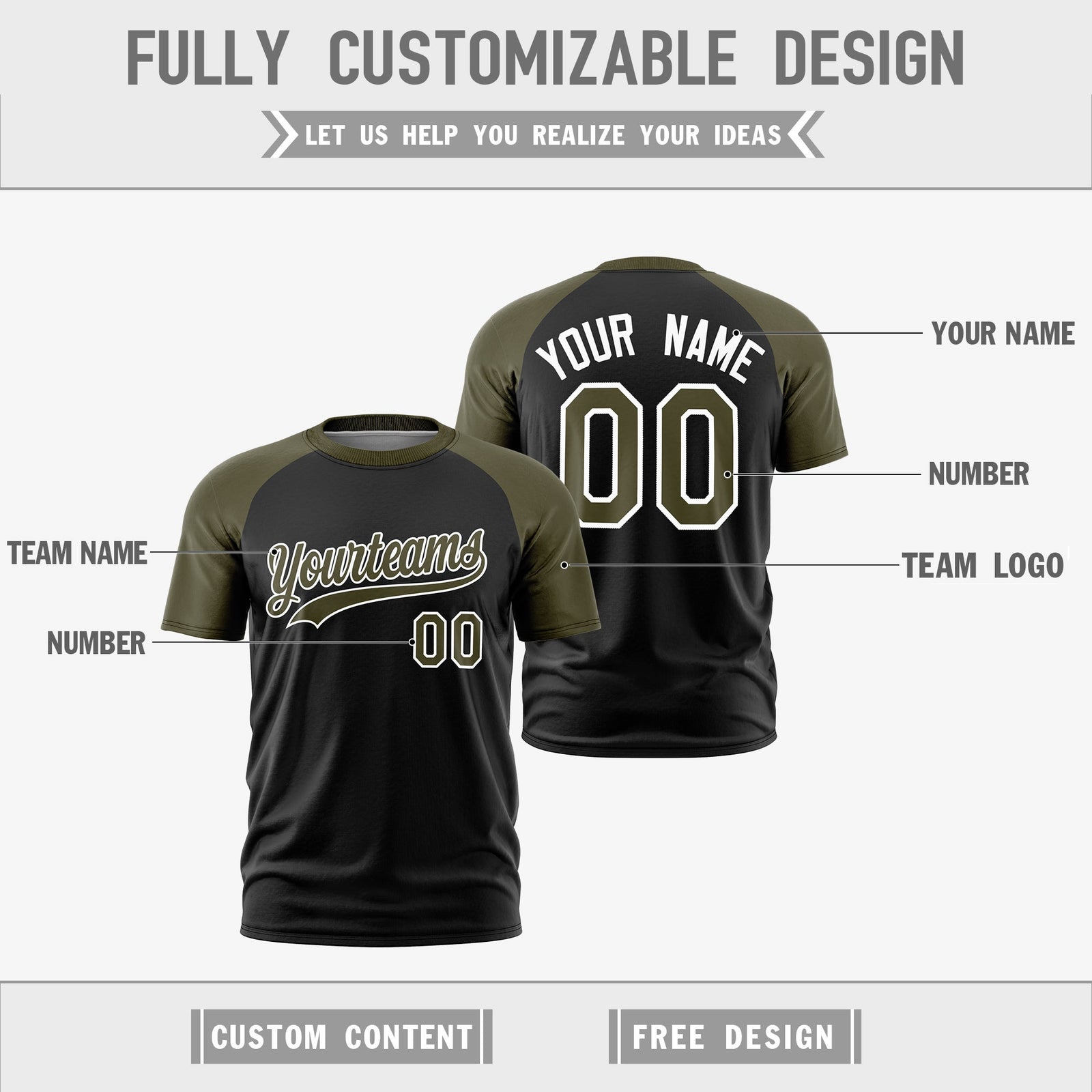 Custom Black Olive White Reversible Raglan Sleeves Quick Dry T-shirt| KXKSHOP