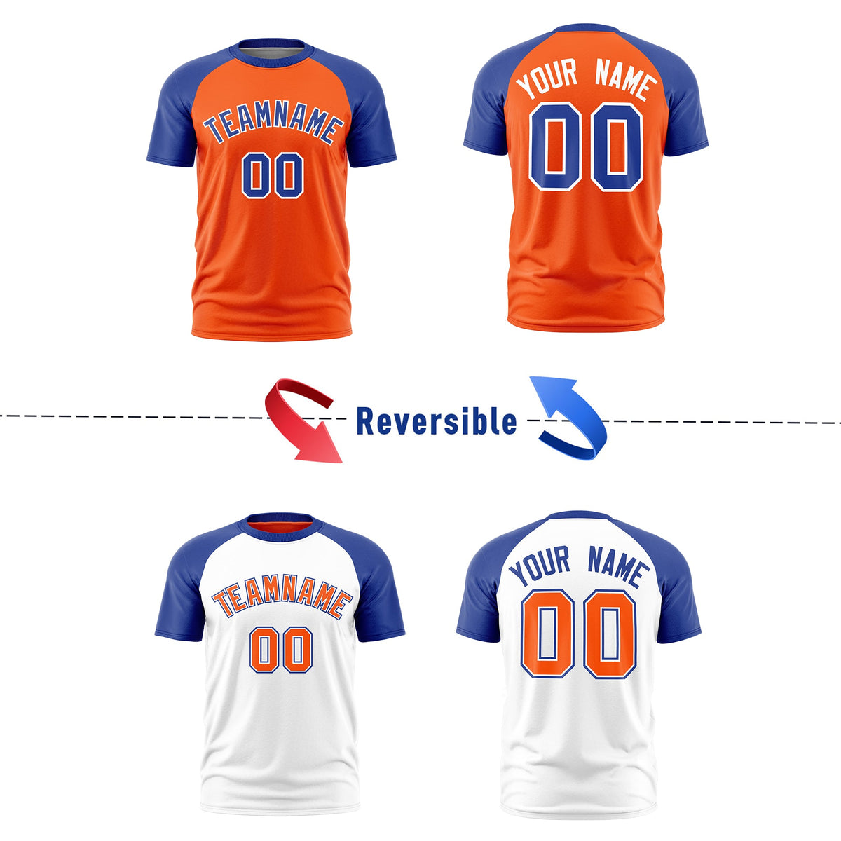 Custom Orange Royal Blue White Reversible Raglan Sleeves Quick Dry T-shirt| KXKSHOP
