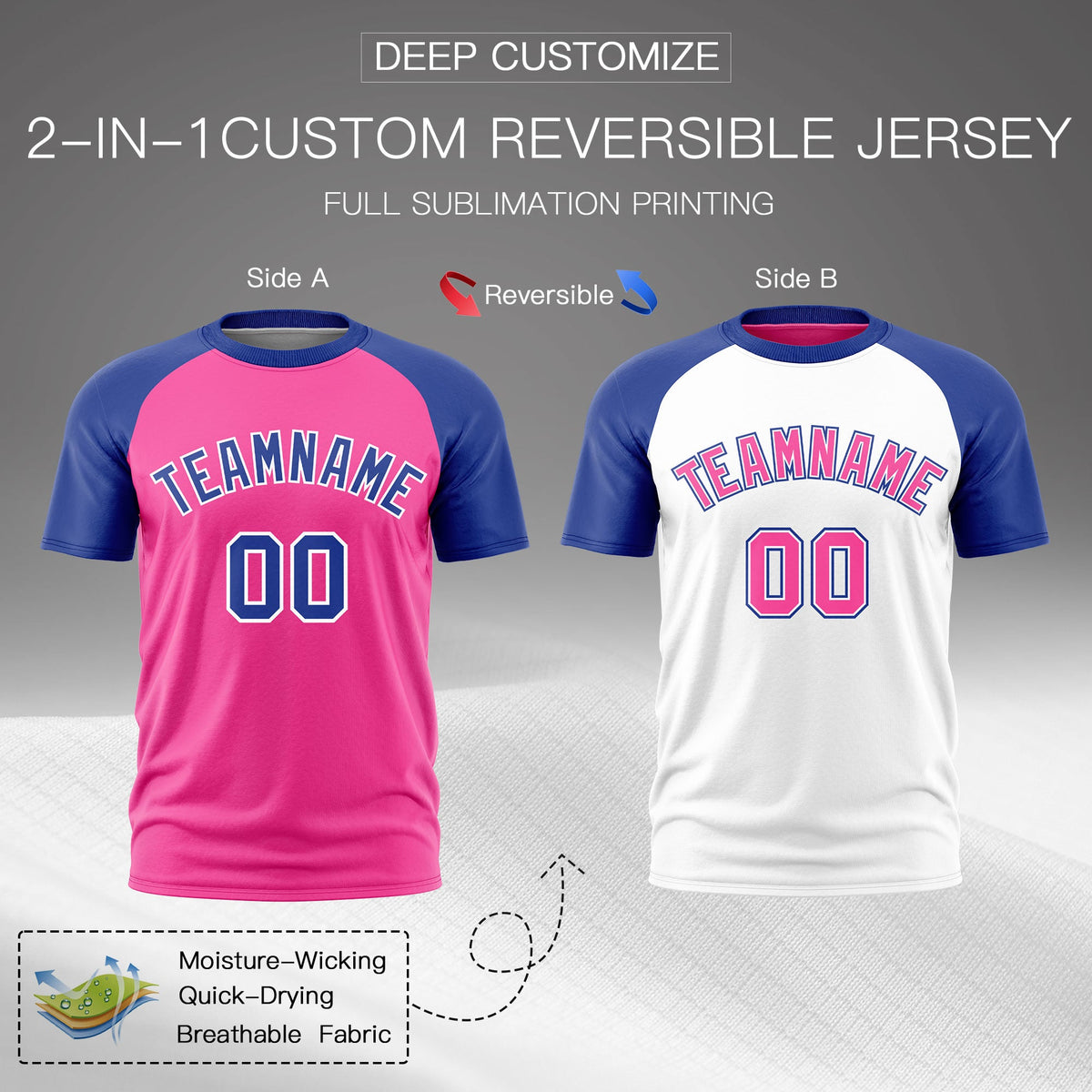 Custom Pink White Royal Blue Reversible Raglan Sleeves Quick Dry T-shirt| KXKSHOP