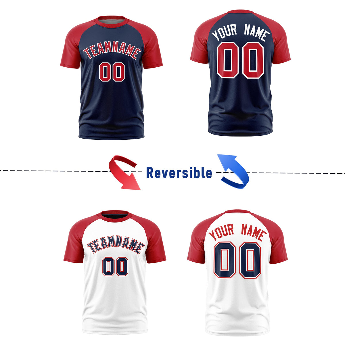 Custom Navy Red White Reversible Raglan Sleeves Moisture-Wicking T-shirt| KXKSHOP