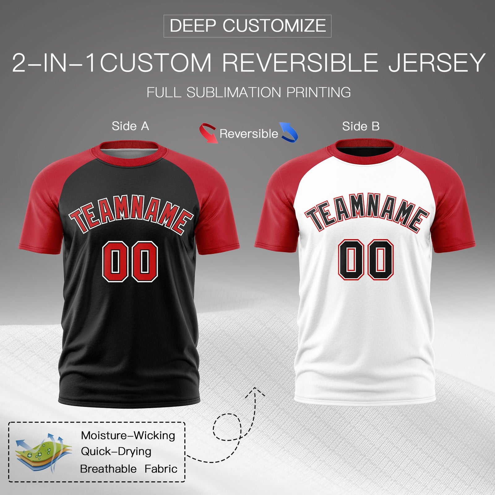 Custom Red Black White Reversible Raglan Sleeves Moisture-Wicking T-shirt| KXKSHOP