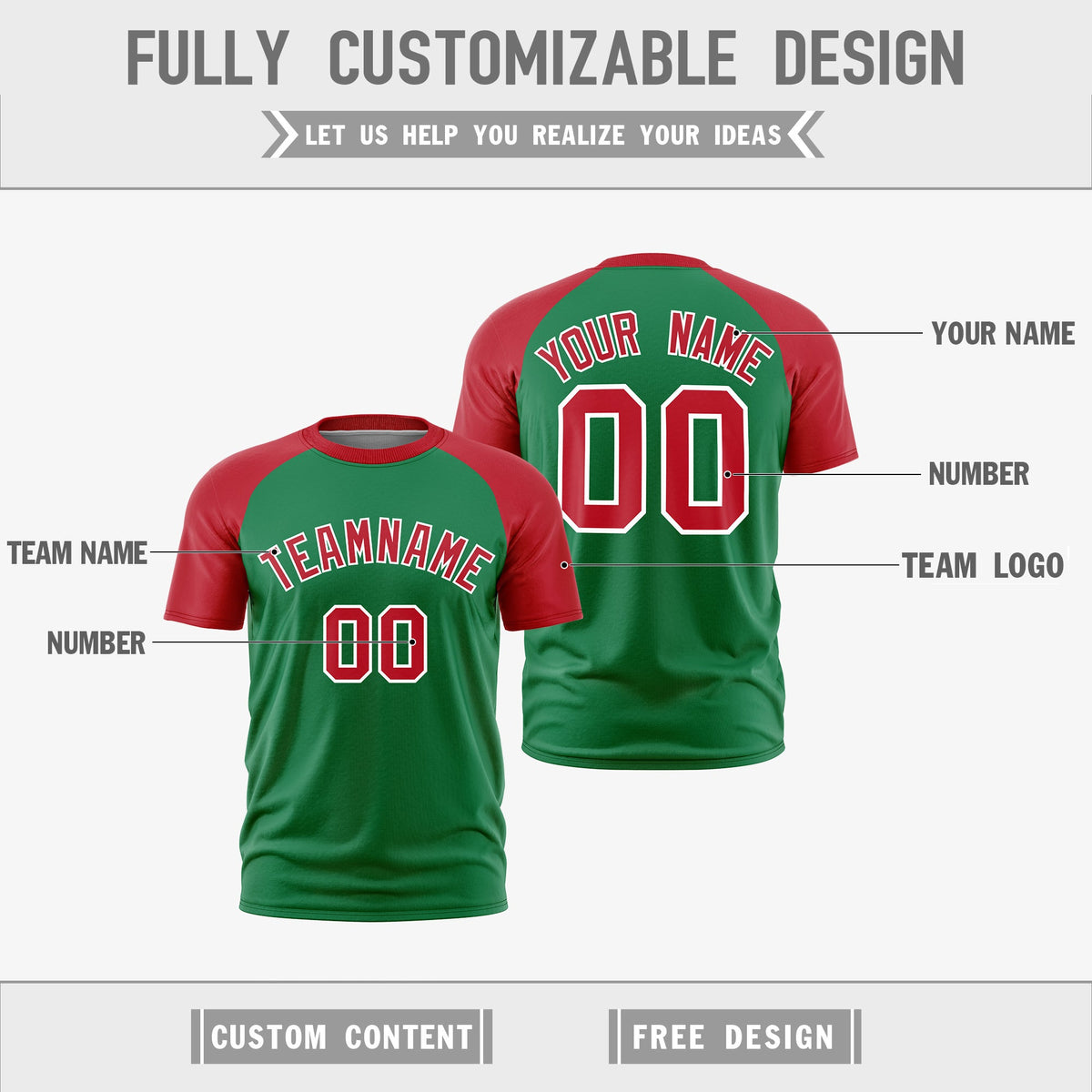 Custom Kelly Green Red White Reversible Raglan Sleeves Quick Dry T-shirt| KXKSHOP
