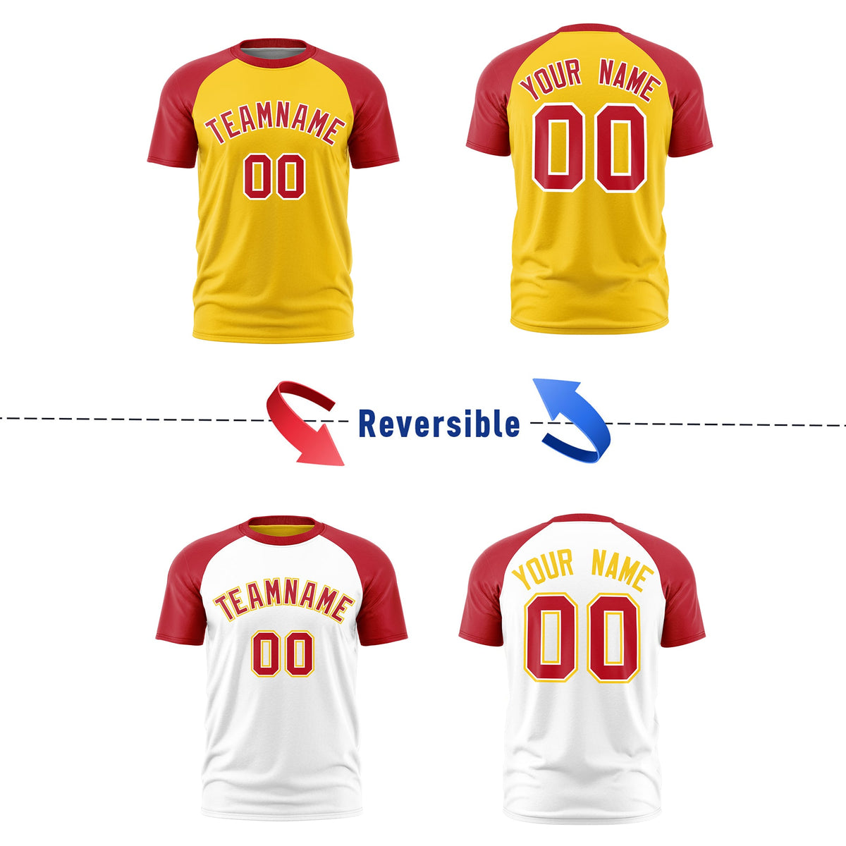 Custom Gold Red White Reversible Raglan Sleeves Moisture-Wicking T-shirt| KXKSHOP