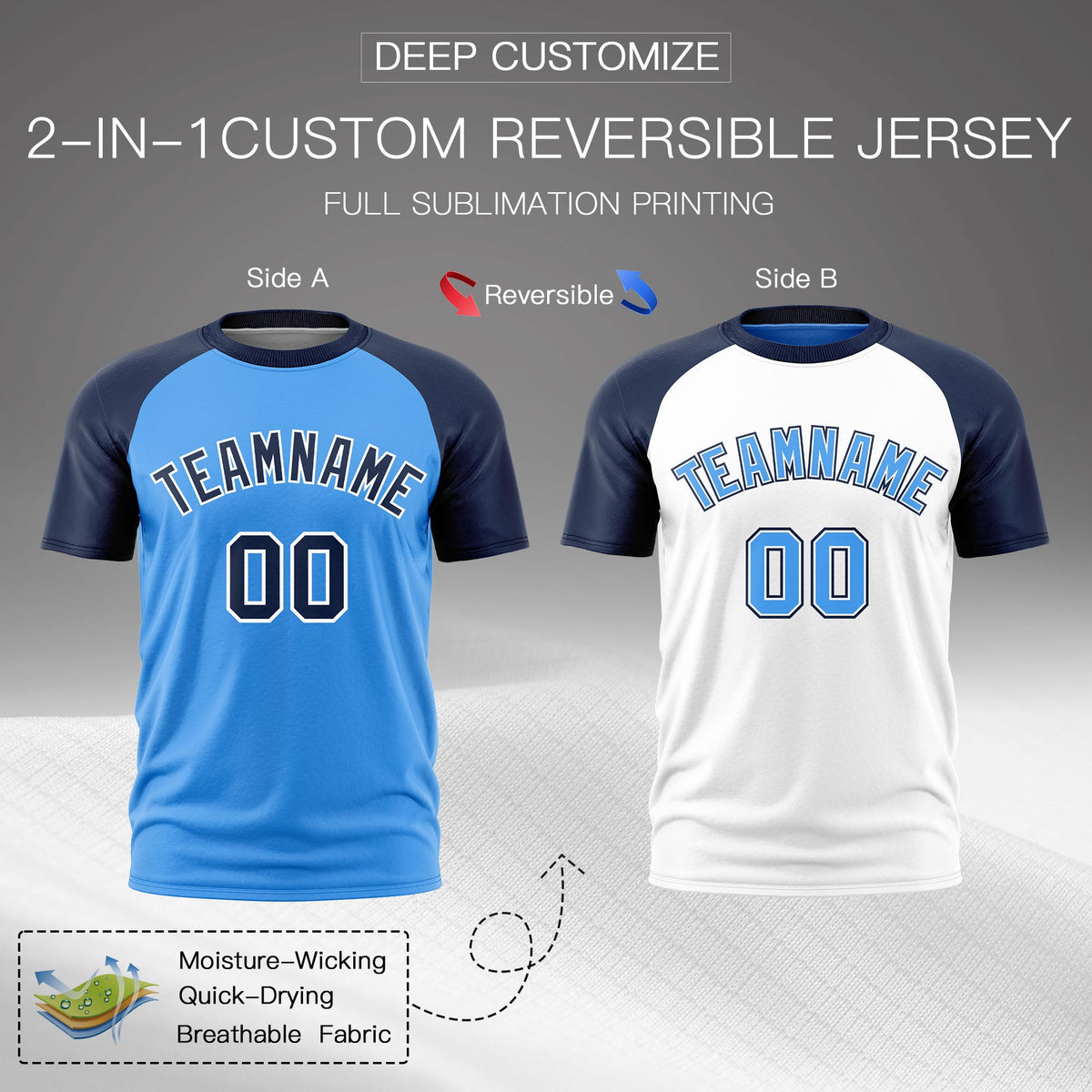 Custom Powder Blue Navy White Reversible Raglan Sleeves Quick Dry T-shirt| KXKSHOP