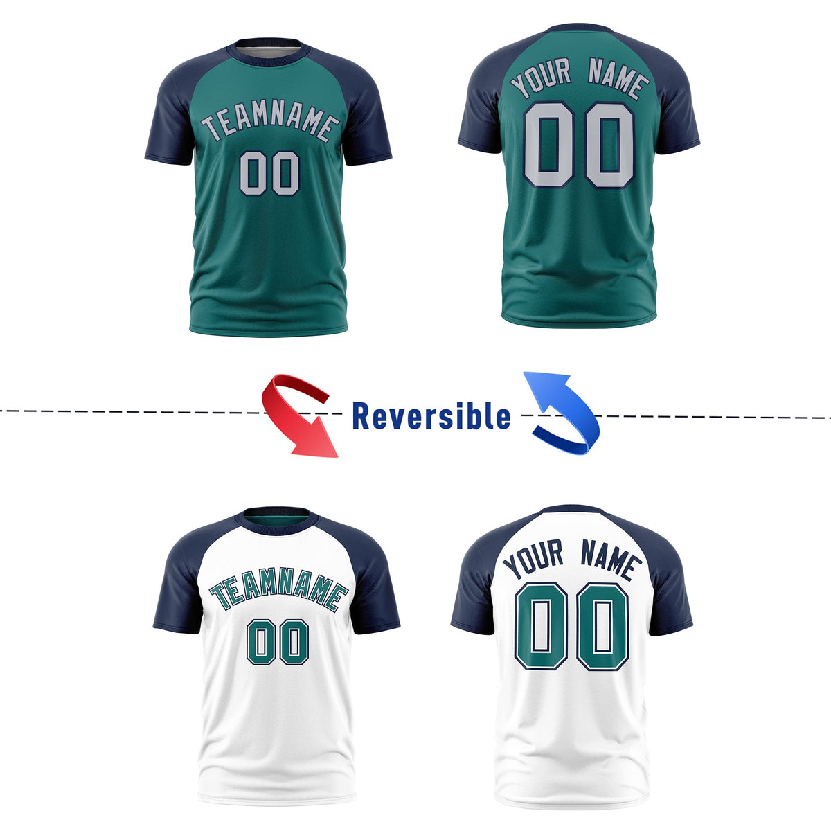 Custom Teal Navy Silver Reversible Raglan Sleeves Moisture-Wicking T-shirt| KXKSHOP