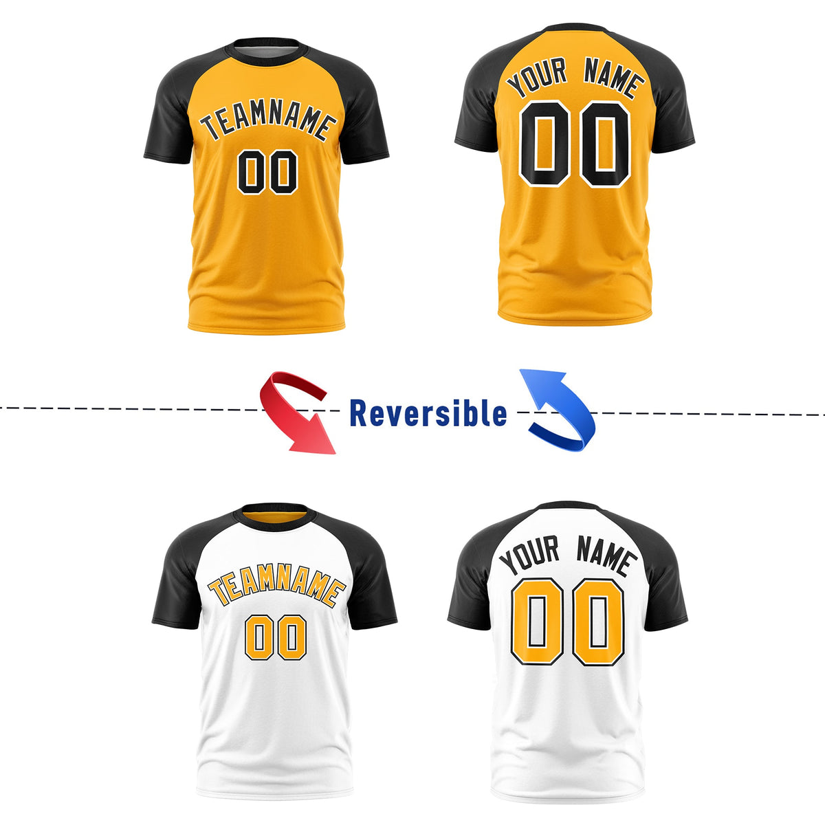 Custom Yellow Black White Reversible Raglan Sleeves Quick Dry T-shirt| KXKSHOP