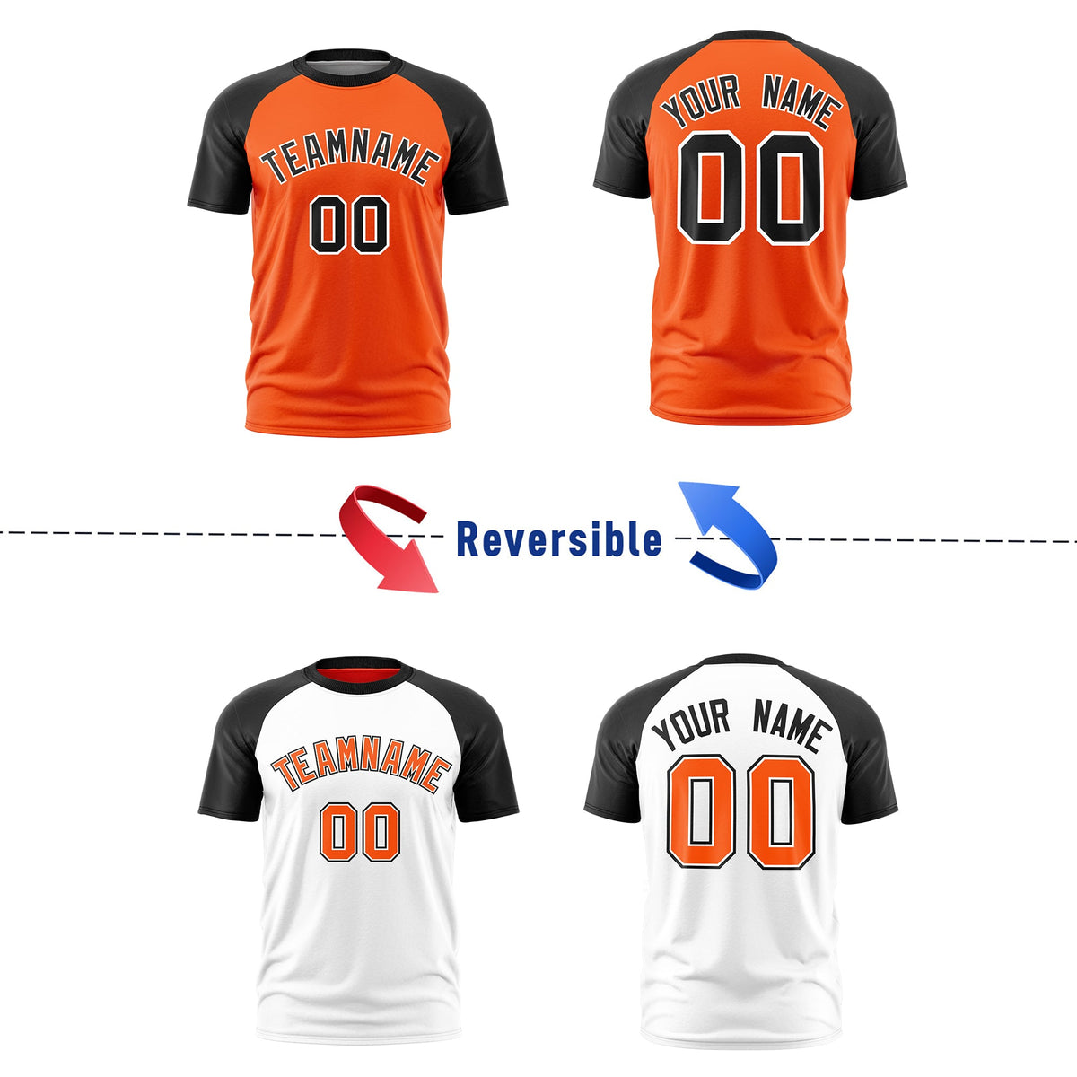 Custom Orange Black White Reversible Raglan Sleeves Moisture-Wicking T-shirt| KXKSHOP