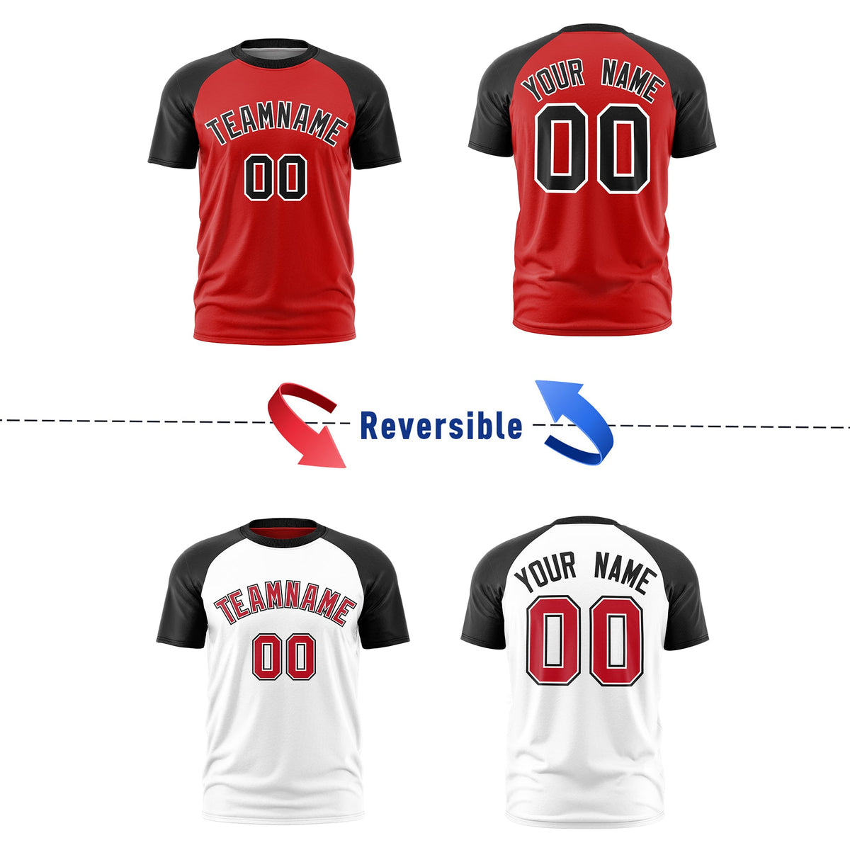Custom Red Black White Reversible Raglan Sleeves Quick Dry T-shirt| KXKSHOP