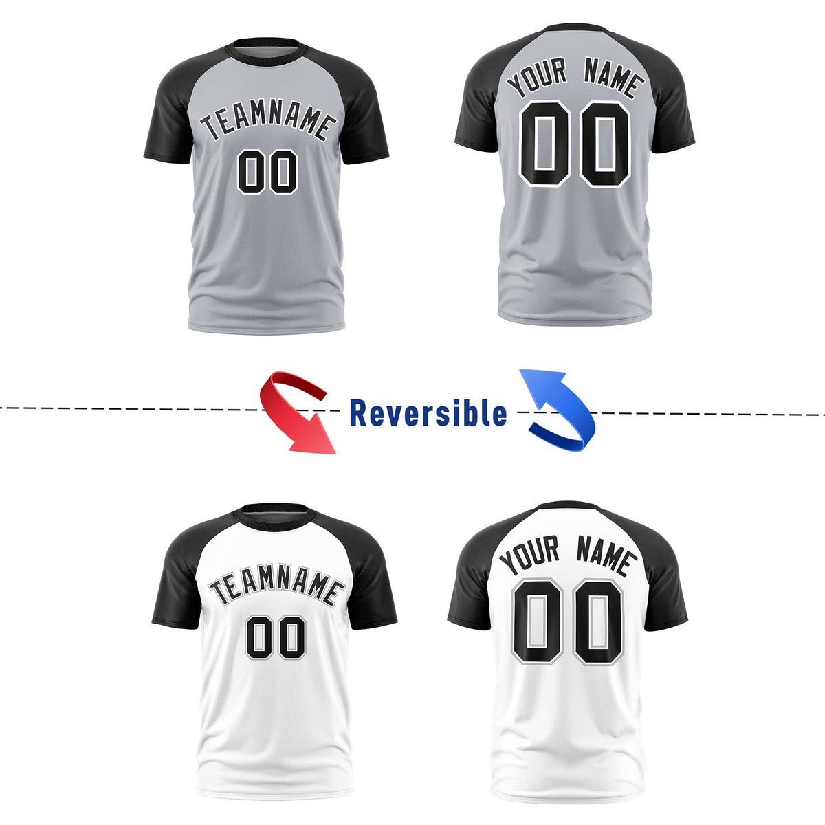 Custom Silver Black White Reversible Raglan Sleeves Quick Dry T-shirt| KXKSHOP