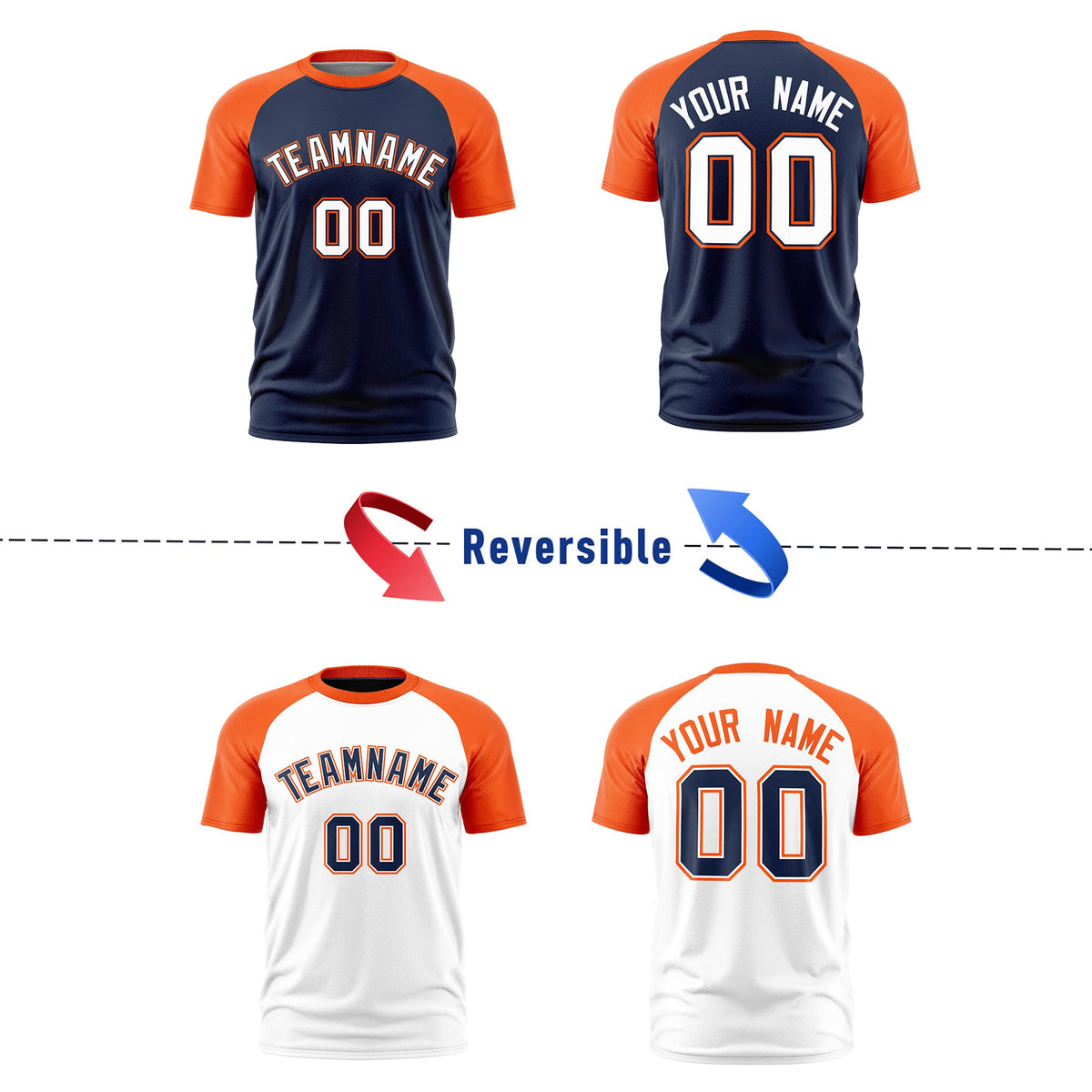 Custom Navy Orange White Reversible Raglan Sleeves Moisture-Wicking T-shirt| KXKSHOP