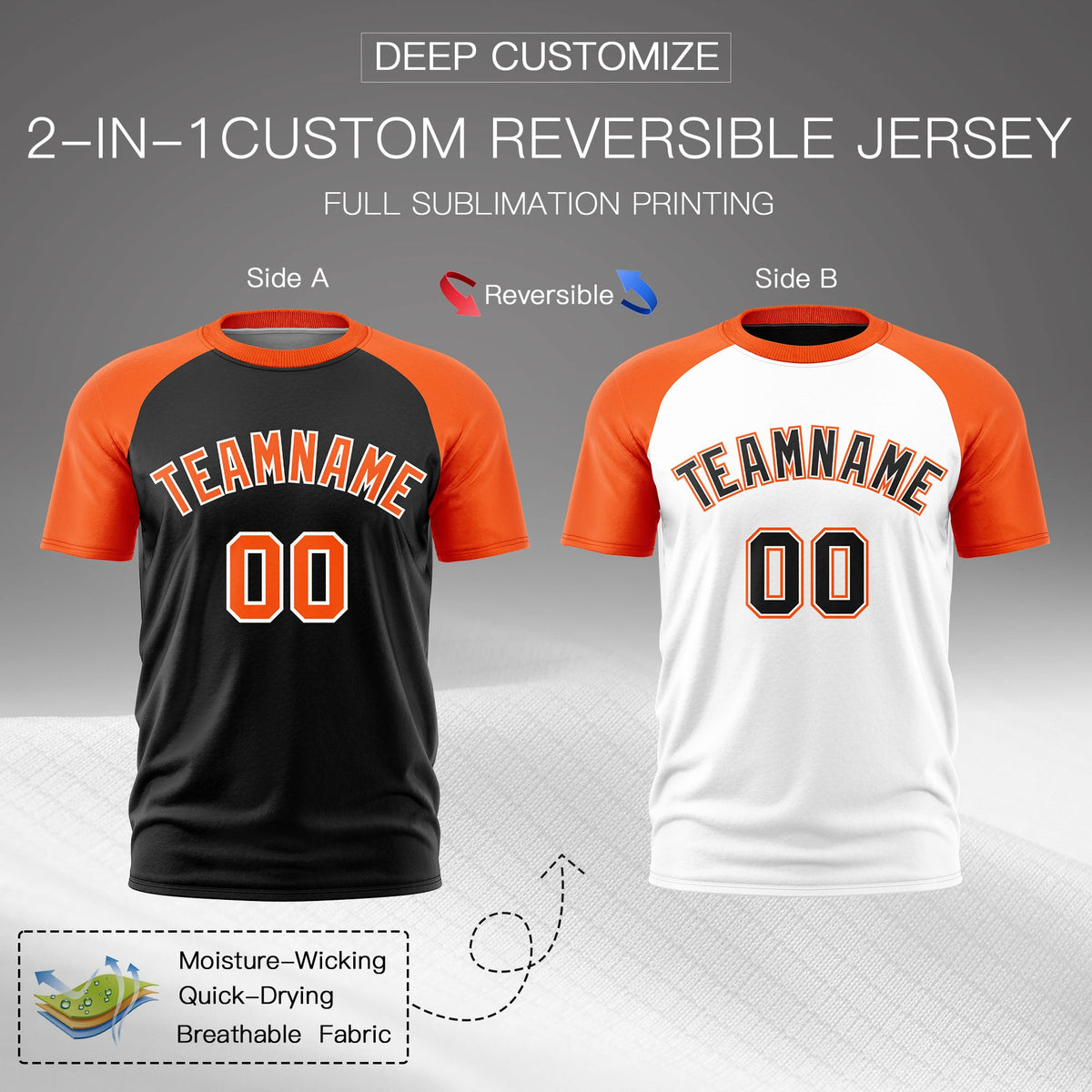 Custom Black Orange White Reversible Raglan Sleeves Quick Dry T-shirt| KXKSHOP
