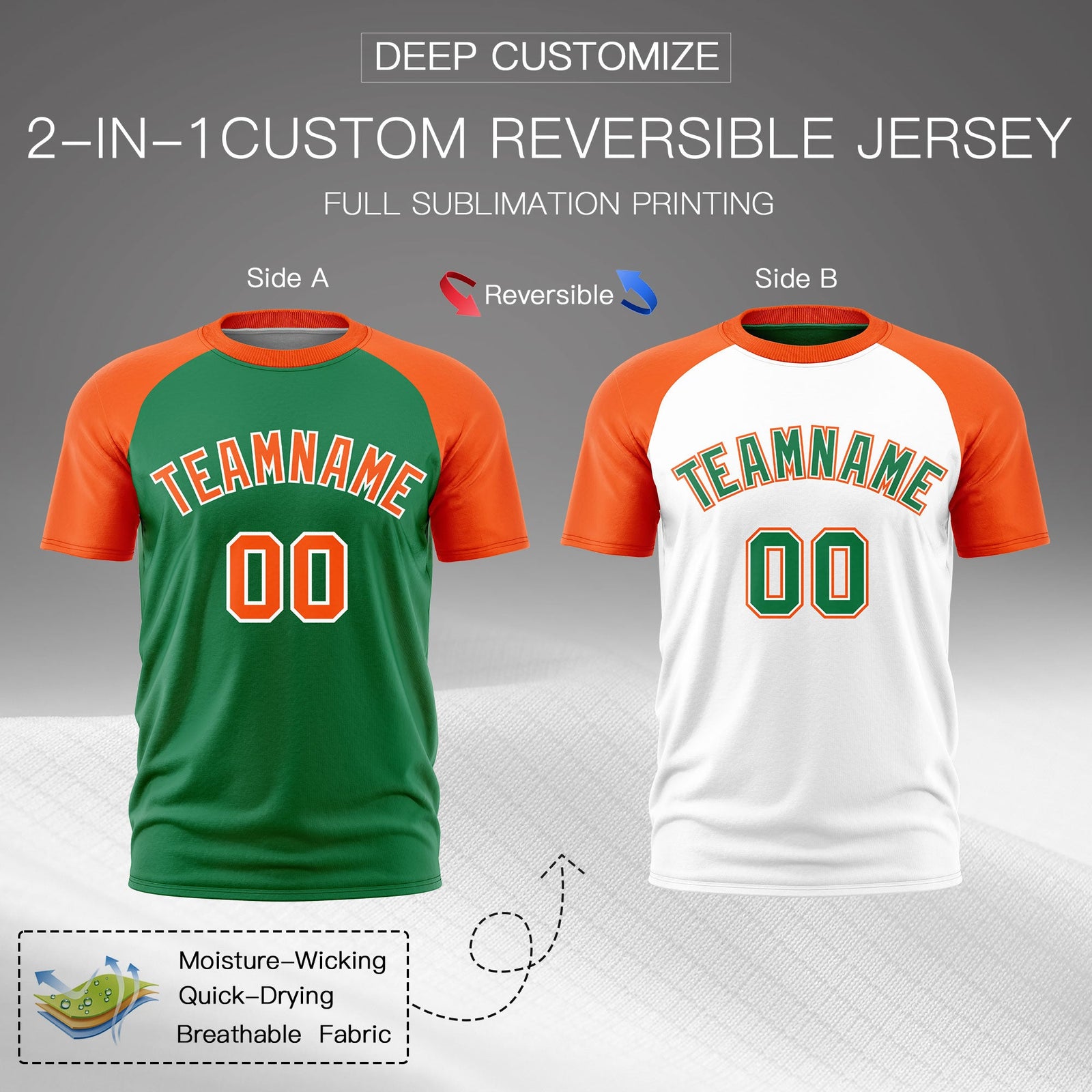Custom Kelly Green Orange White Reversible Raglan Sleeves Quick Dry T-shirt| KXKSHOP