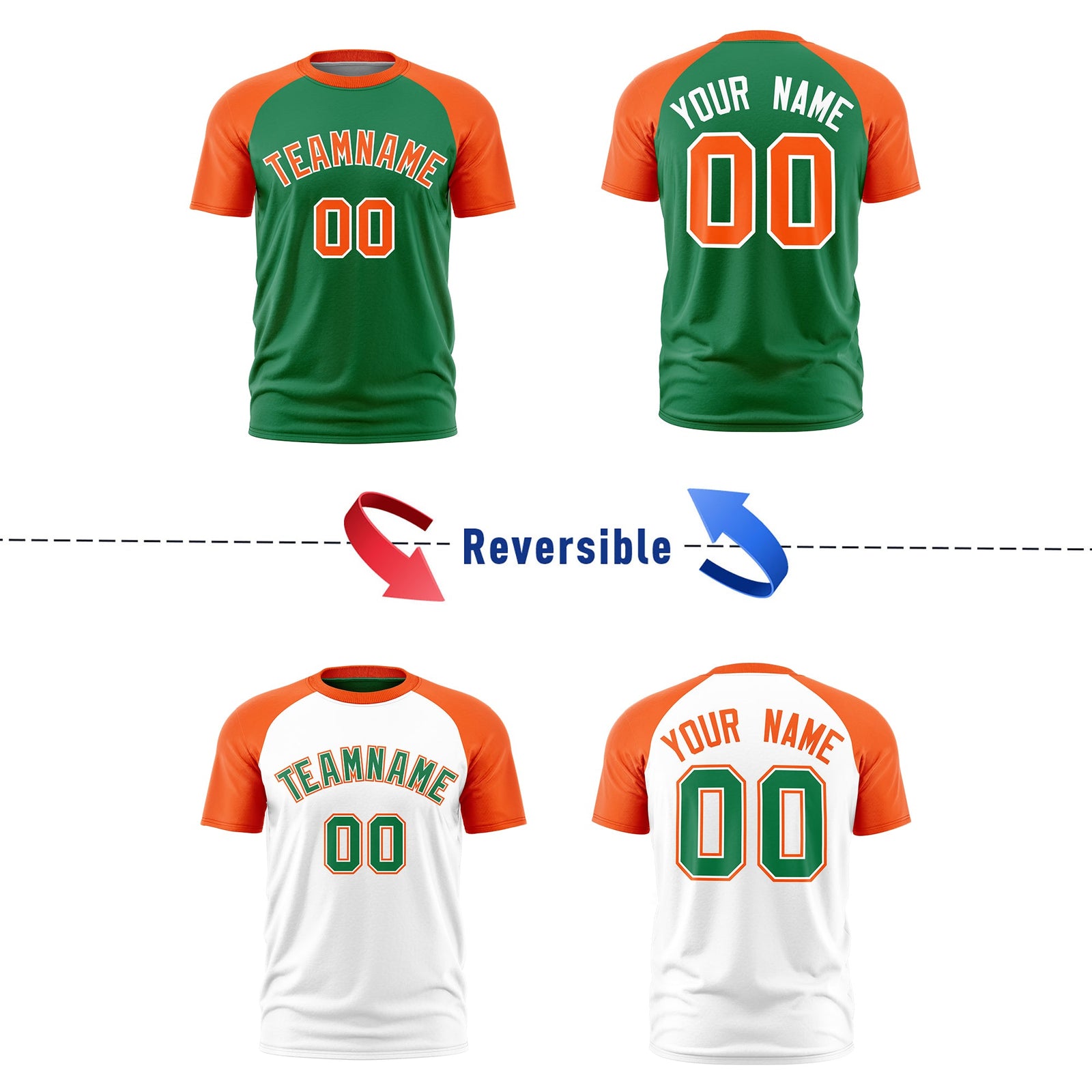 Custom Kelly Green Orange White Reversible Raglan Sleeves Quick Dry T-shirt| KXKSHOP