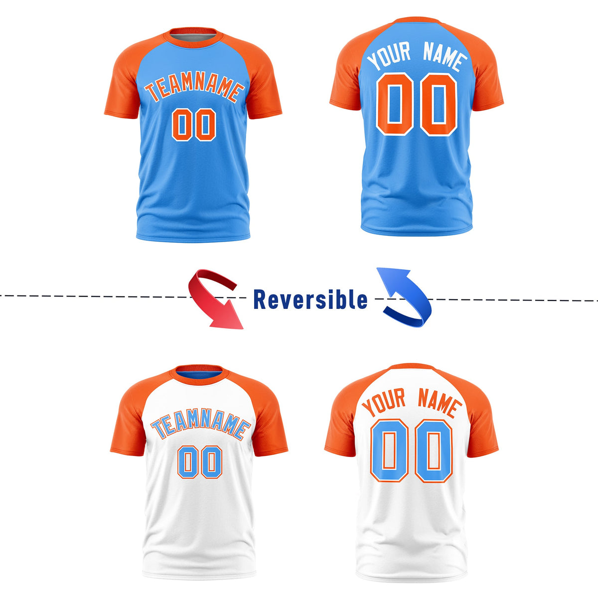 Custom Powder Blue Orange White Reversible Raglan Sleeves Moisture-Wicking T-shirt| KXKSHOP
