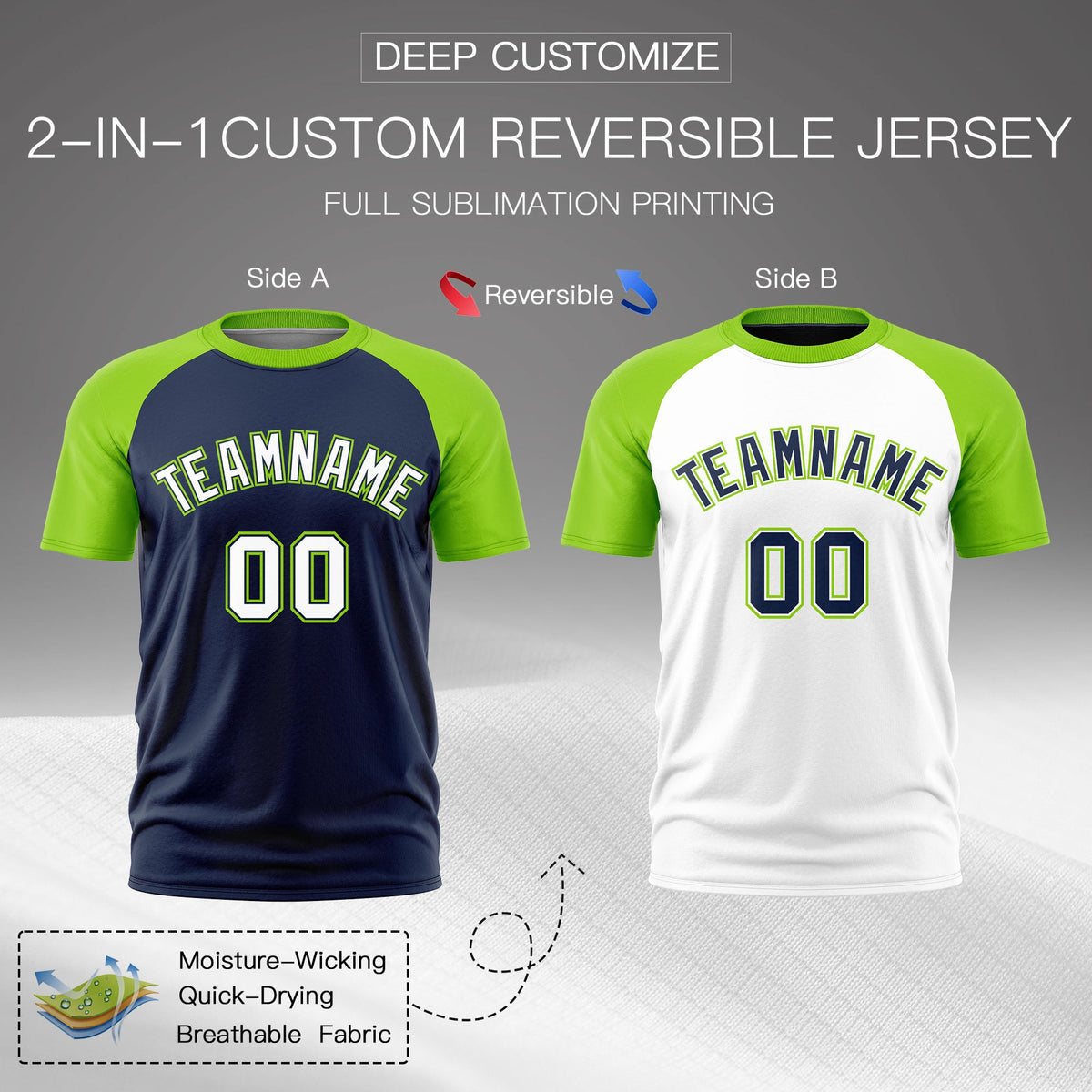 Custom Navy Neon Green White Reversible Raglan Sleeves Quick Dry T-shirt| KXKSHOP