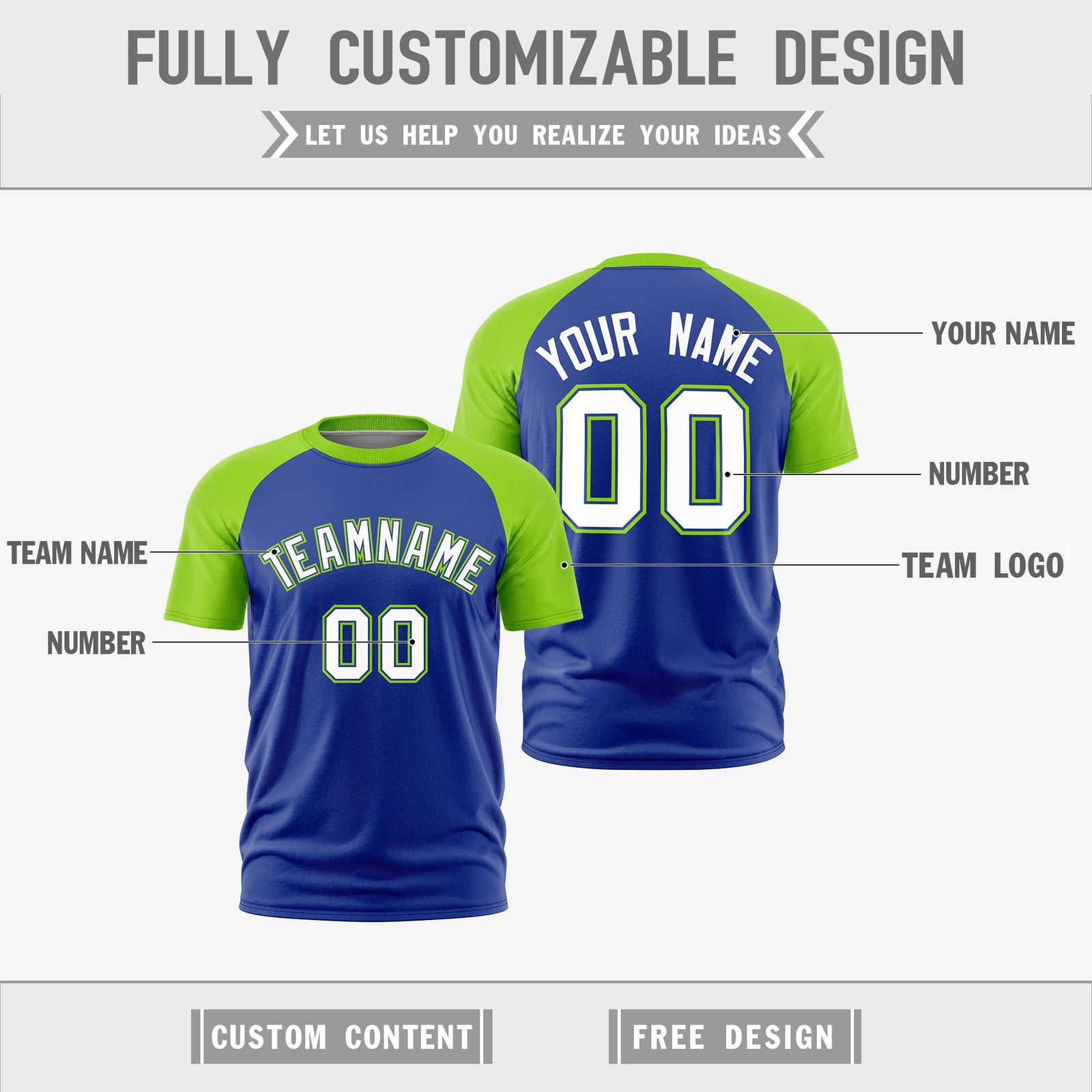 Custom Royal Blue Neon Green White Reversible Raglan Sleeves Moisture-Wicking T-shirt| KXKSHOP