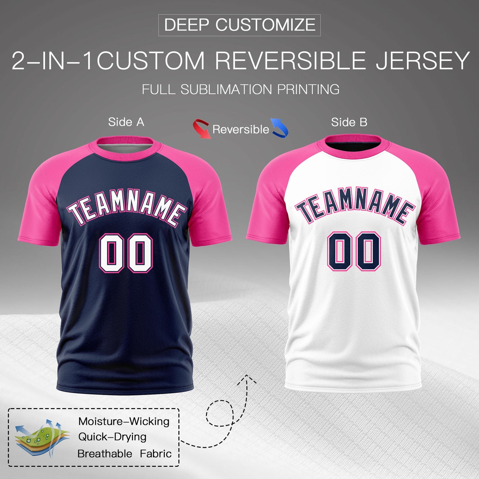 Custom White Pink Navy Reversible Raglan Sleeves Moisture-Wicking T-shirt| KXKSHOP