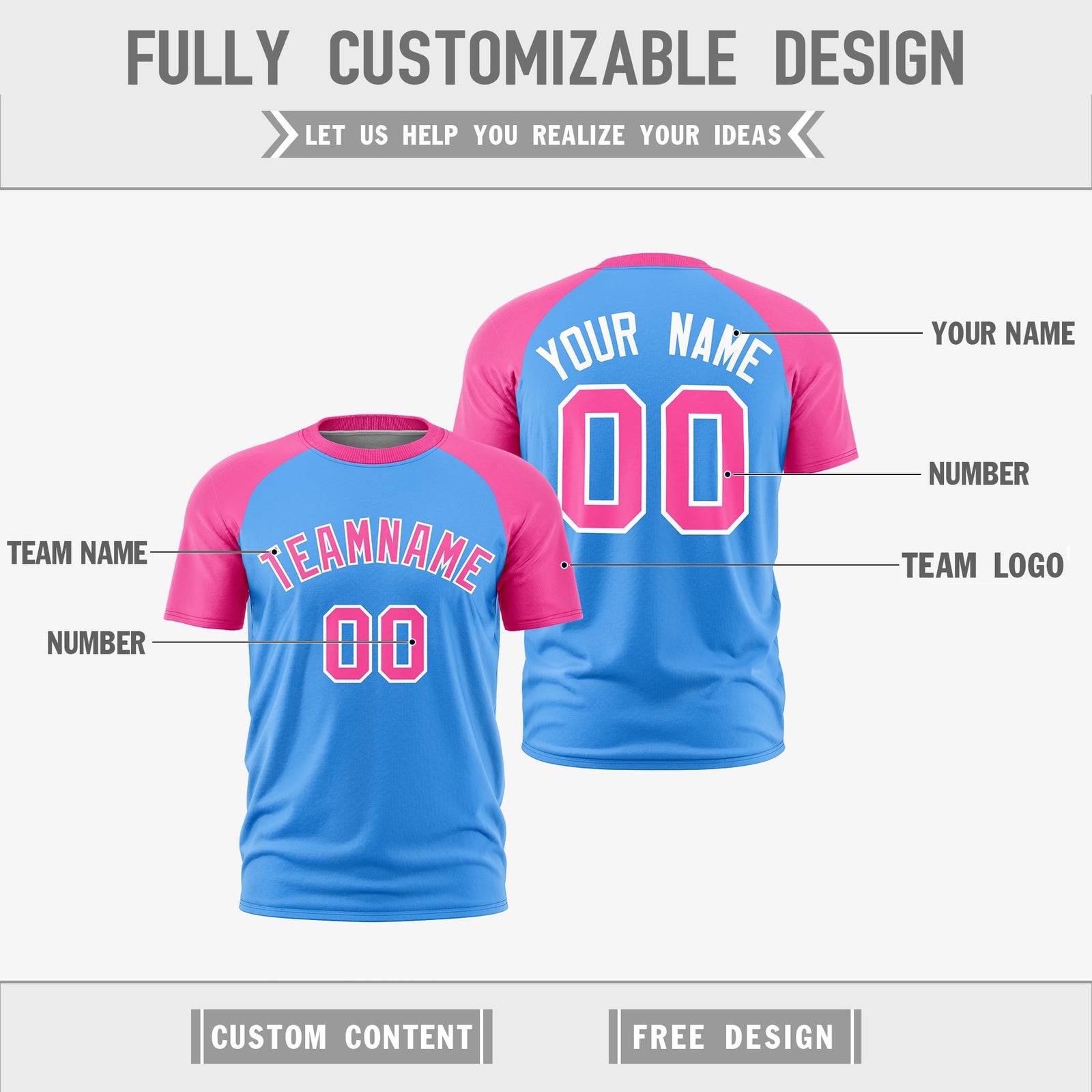 Custom Powder Blue Pink White Reversible Raglan Sleeves Quick Dry T-shirt| KXKSHOP