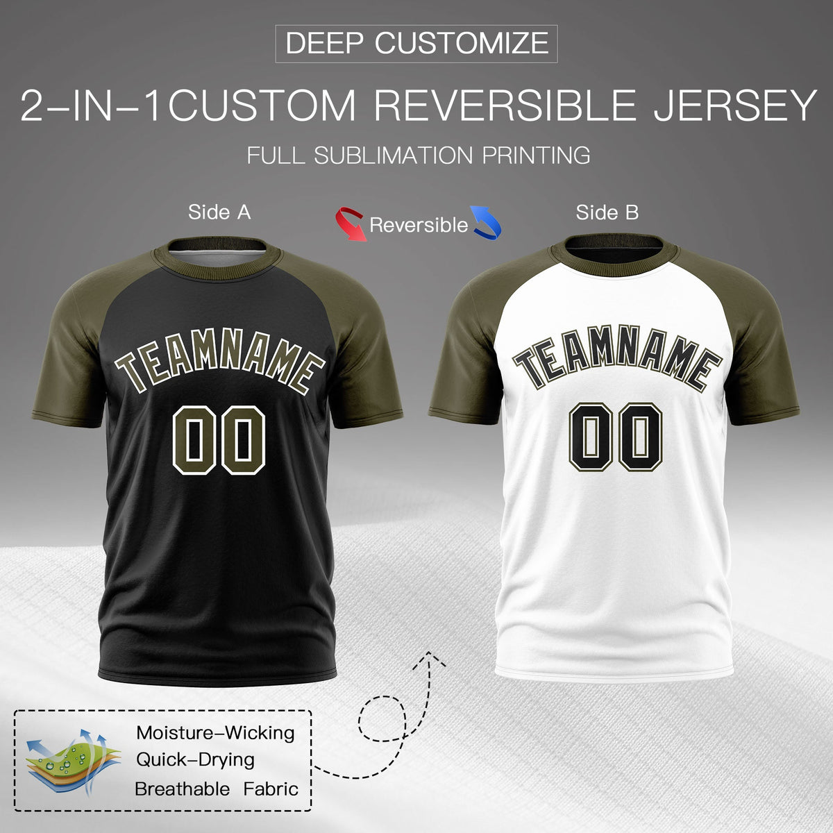 Custom Black Olive White Reversible Raglan Sleeves Quick Dry T-shirt| KXKSHOP