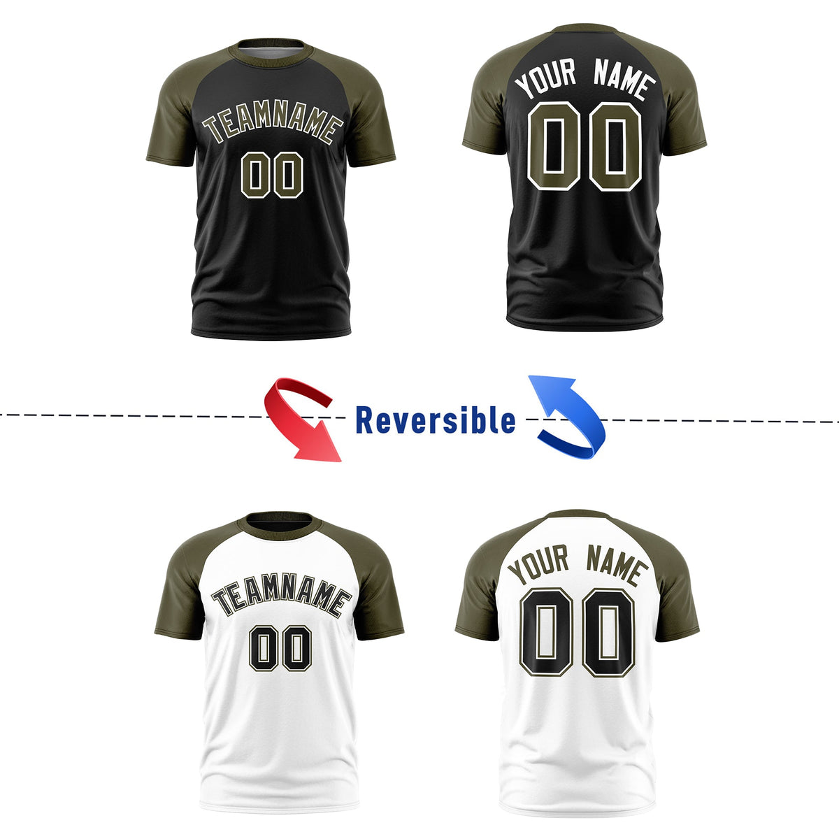 Custom Black Olive White Reversible Raglan Sleeves Quick Dry T-shirt| KXKSHOP